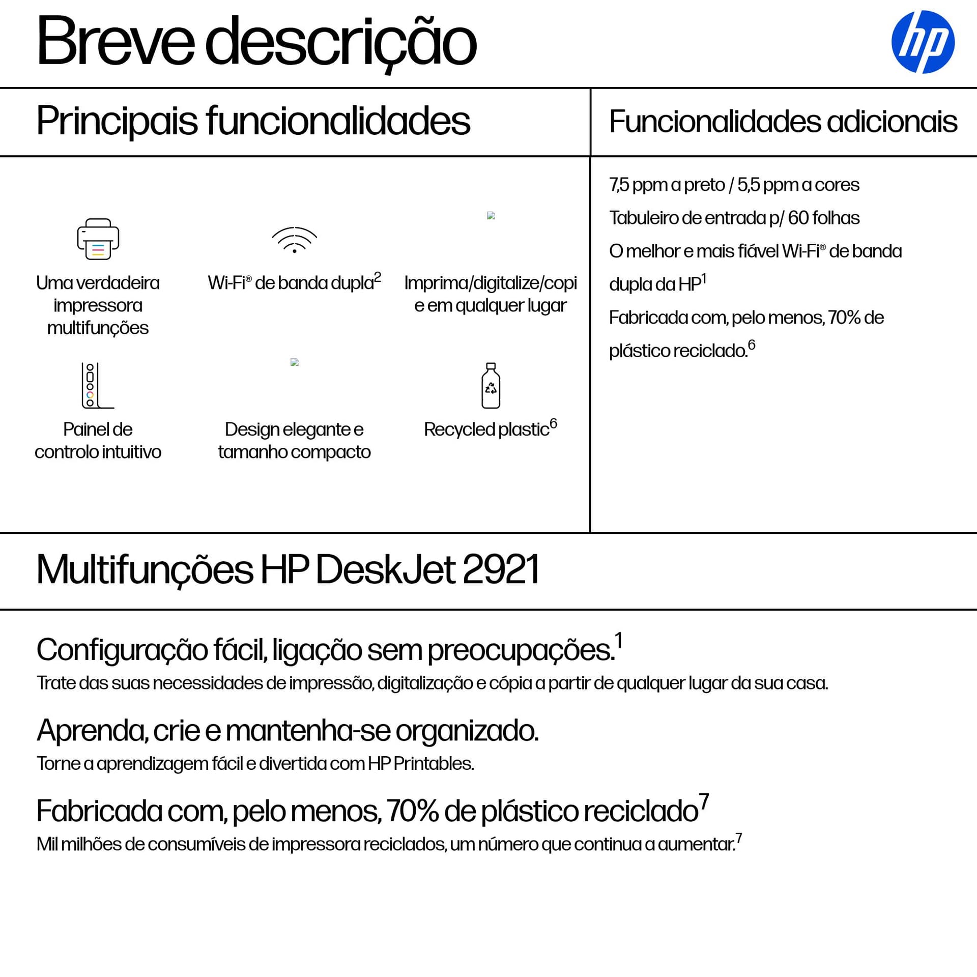 HP DeskJet 2921 Sem fios All-in-One Cor Impressora, Instant Ink, miniatura 3