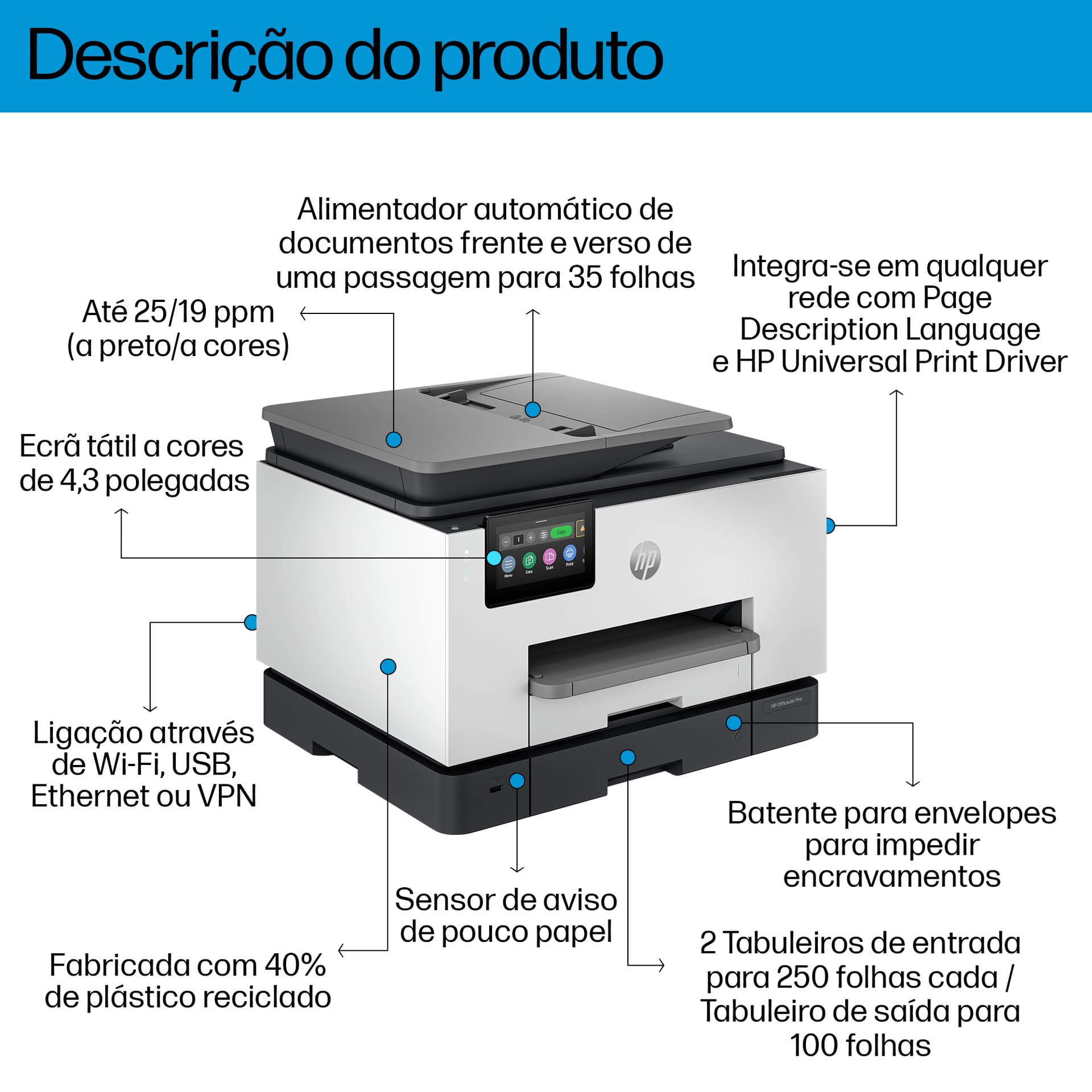 HP OfficeJet Pro 9130b Sem fios All-in-One Cor Impressora, Impressão frente e verso; Copiadora, scanner, miniatura 3