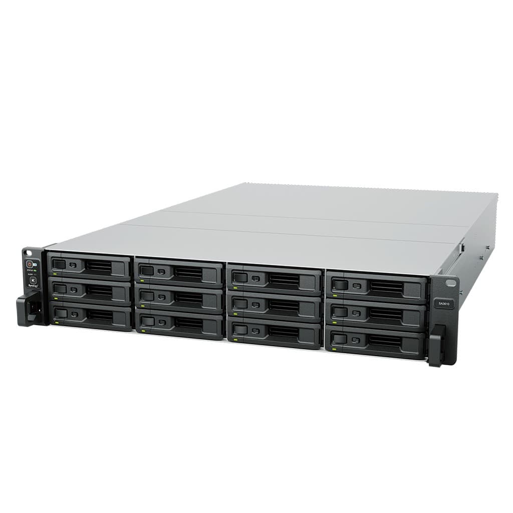 Synology SA3610 - Servidor NAS - 12 baias - montável em bastidor - SATA 6Gb/s / SAS - RAID (expansão de disco rígido) RAID F1, JBOD, 0, 1, 5, 6, 10 - RAM 16 GB - Gigabit Ethernet / 10 Gigabit Ethernet - iSCSI assistência - 2U, miniatura 3