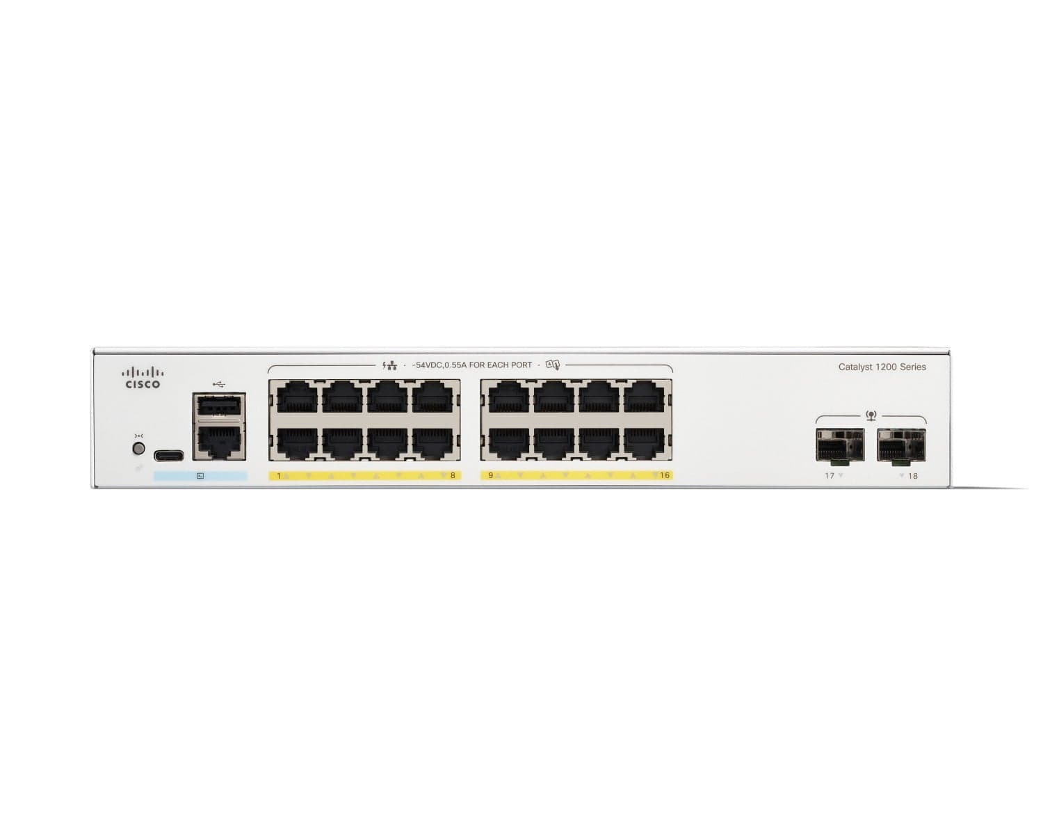Cisco Catalyst 1200-16P-2G - Interruptor - L3 - inteligente - 16 x 10/100/1000 (PoE+) + 2 x Gigabit Ethernet SFP - montável em trilho - PoE+ (120 W), miniatura 2