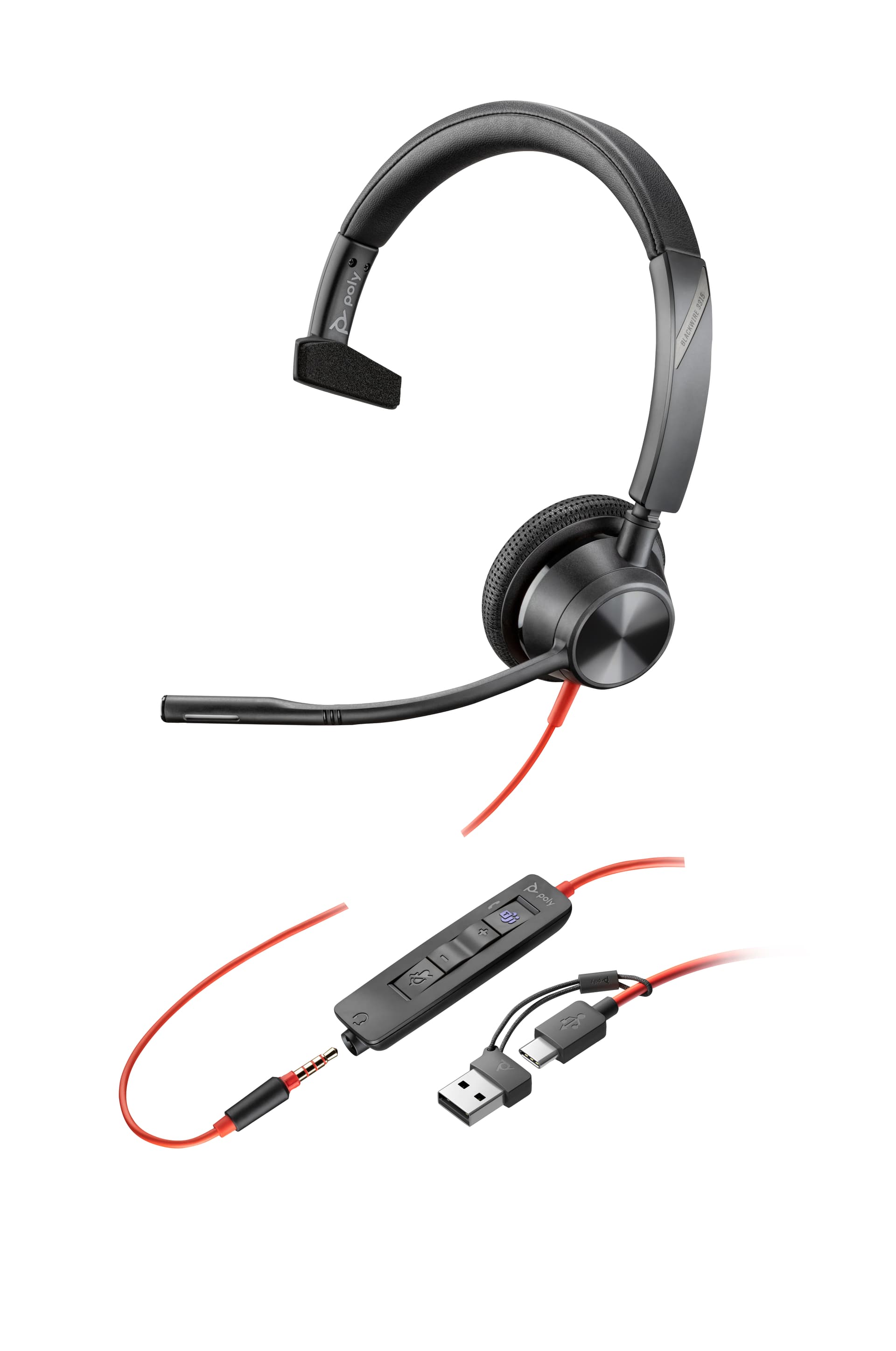 HP Poly Headset Monoaural Poly Blackwire 3315 com USB-C certificado para Microsoft Teams + Conector de 3,5 mm + Adaptador USB-C/A, miniatura 4