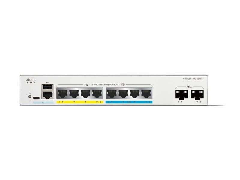 Cisco Catalyst 1300-8MGP-2X - Interruptor - L3 - Administrado - 4 x Ethernet Gigabit + 4 x 100/1000/2.5G + 2 x 10 Gigabit SFP+ - montável em trilho - PoE+ (120 W), miniatura 1
