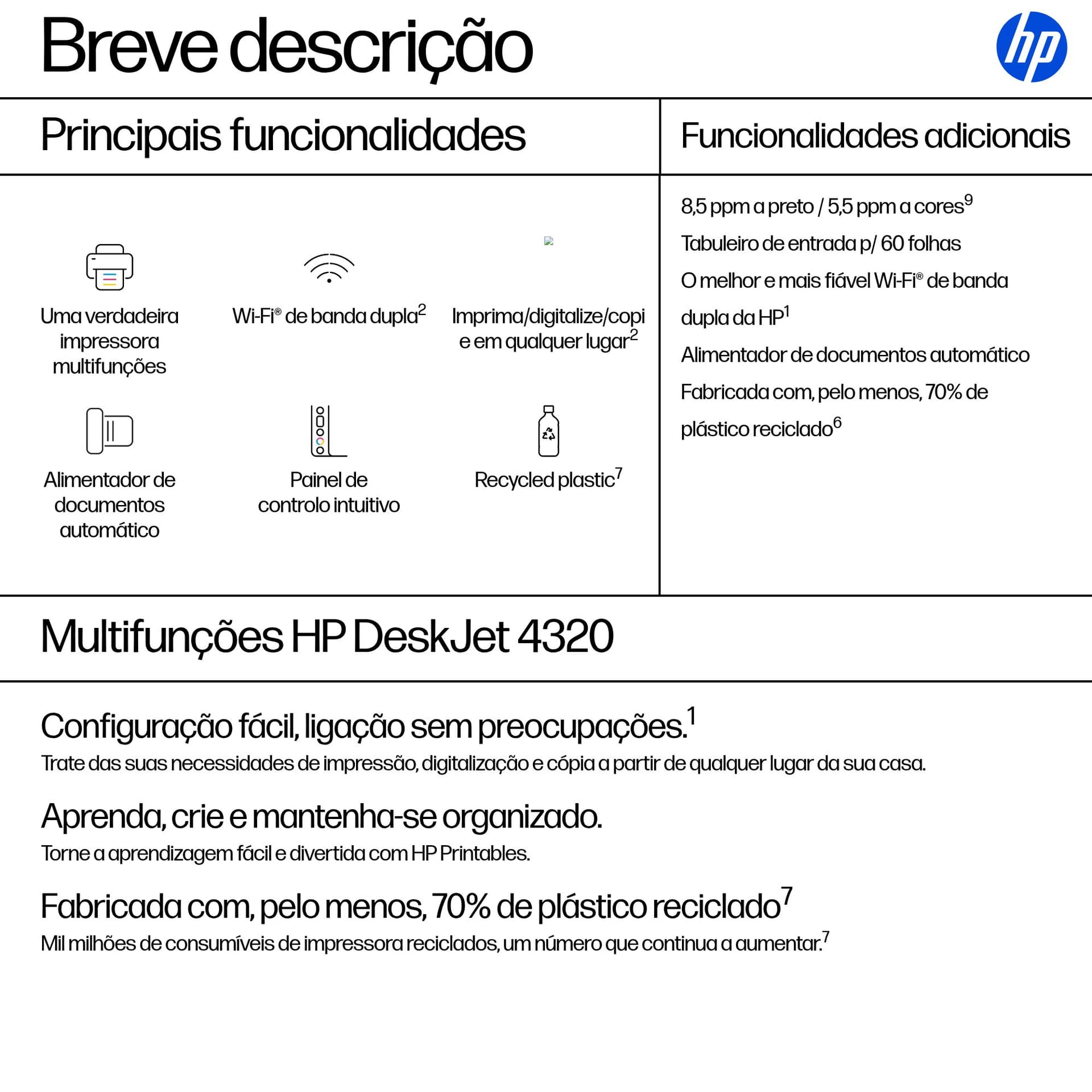HP DeskJet 4320 Sem fios All-in-One Cor Impressora, Instant Ink., miniatura 3