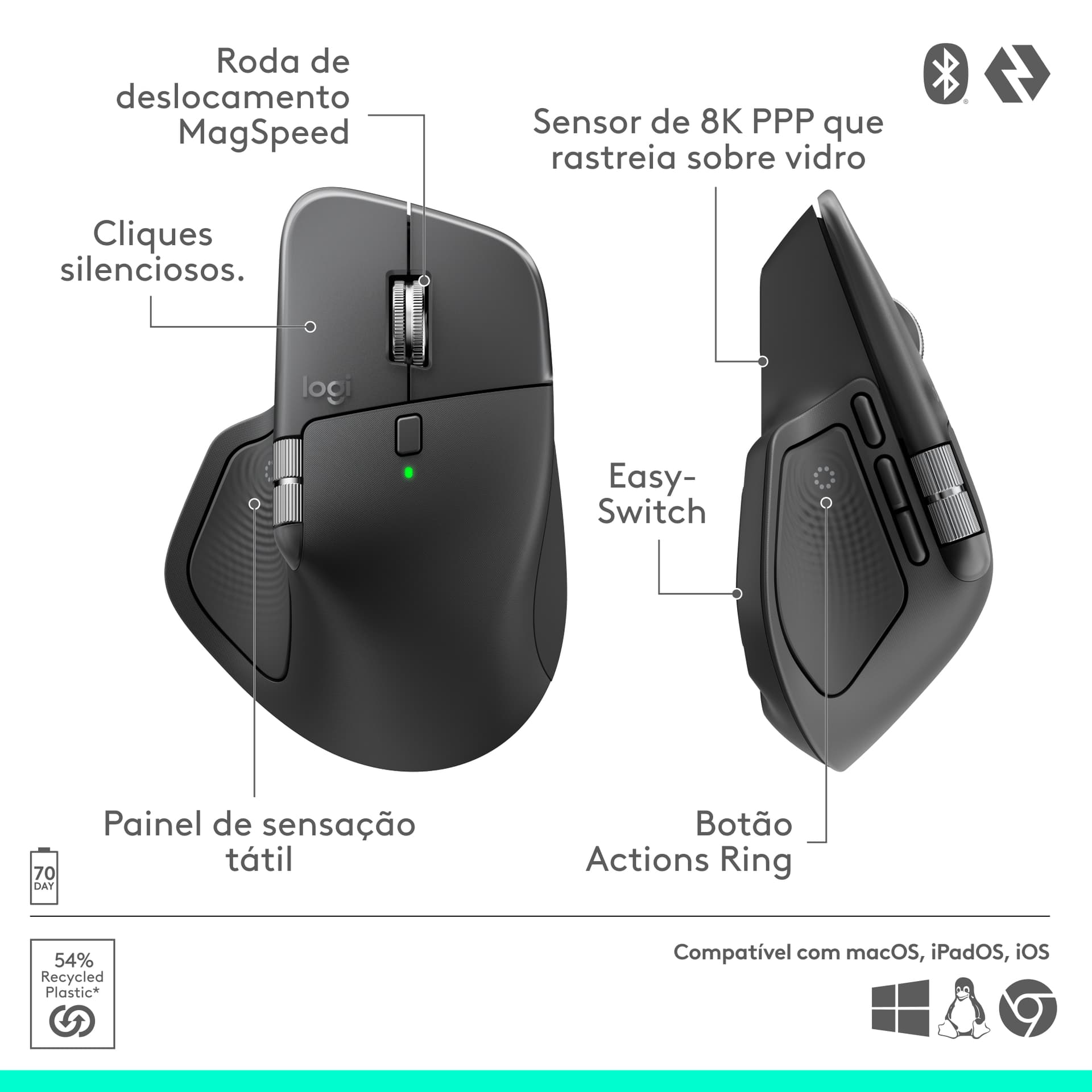Logitech MX Master 4, rato ergonómico sem fios com feedback tátil de desempenho avançado, deslocamento ultrarrápido, carregamento por USB-C , Bluetooth, Windows, MacOS - cinzento claro, miniatura 27