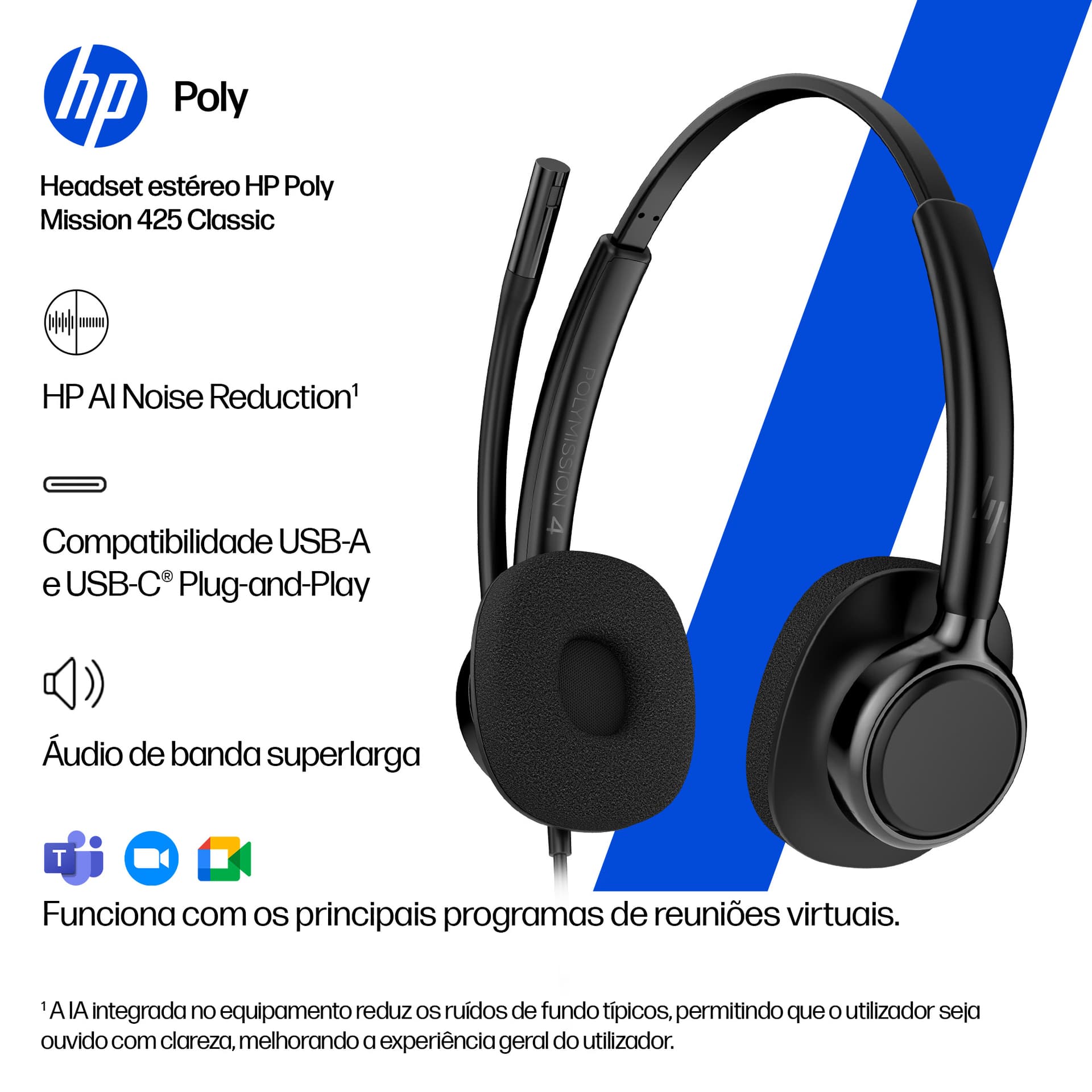 HP Poly Headset estéreo USB com fios Mission 425 Classic, miniatura 6