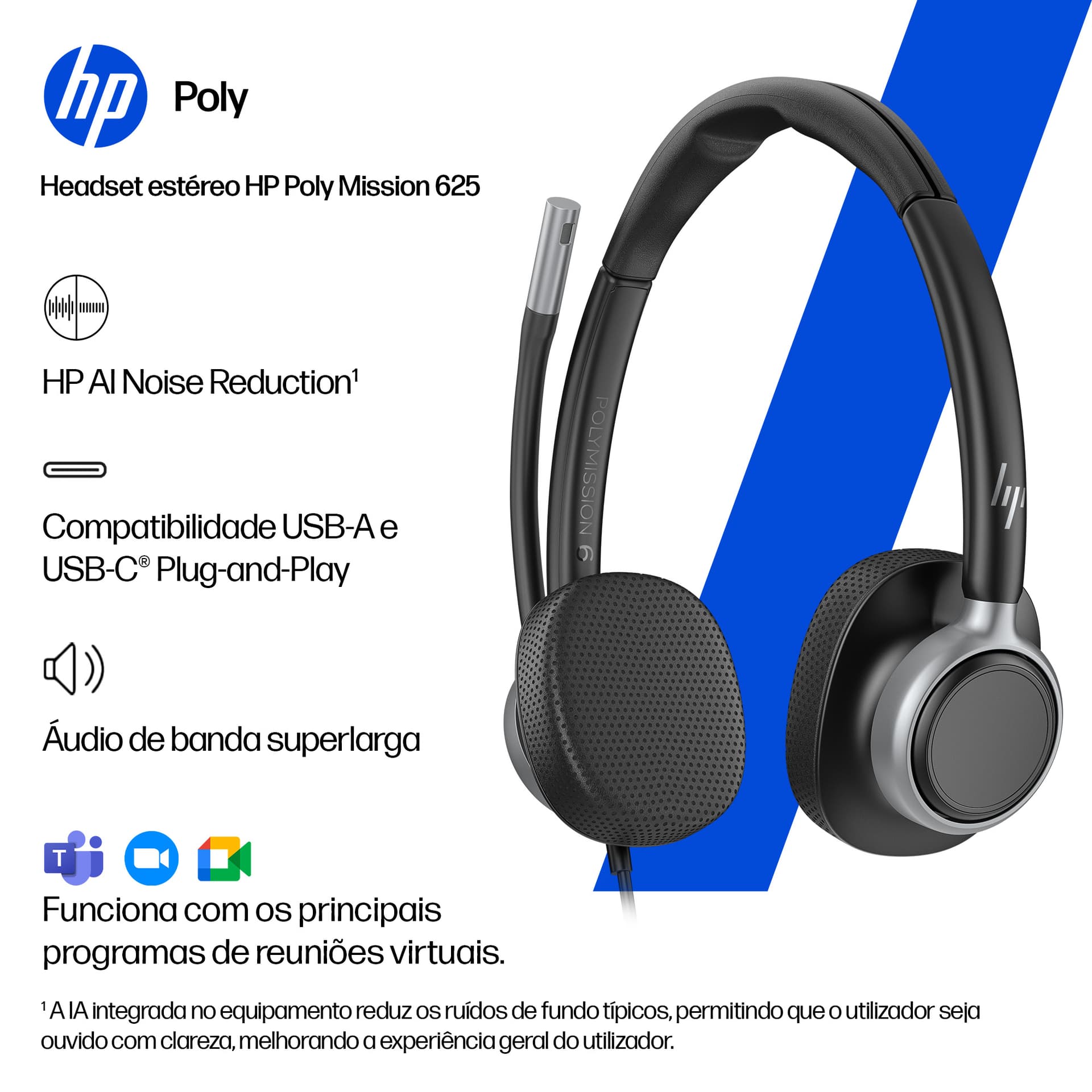 HP Poly Headset estéreo USB com fios Mission 625 (a granel), miniatura 4