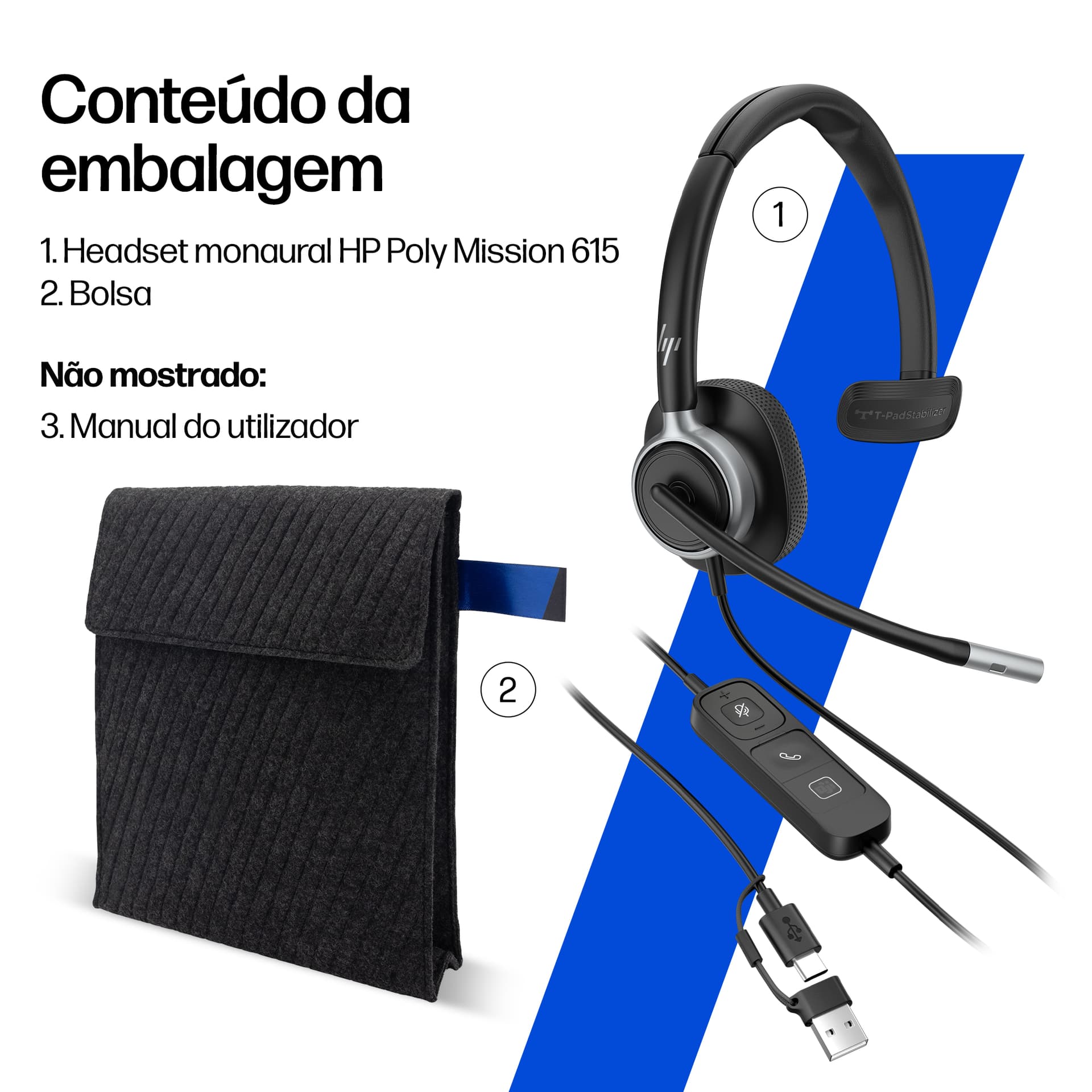 HP Poly Headset monaural USB com fios Mission 615 (a granel), miniatura 3