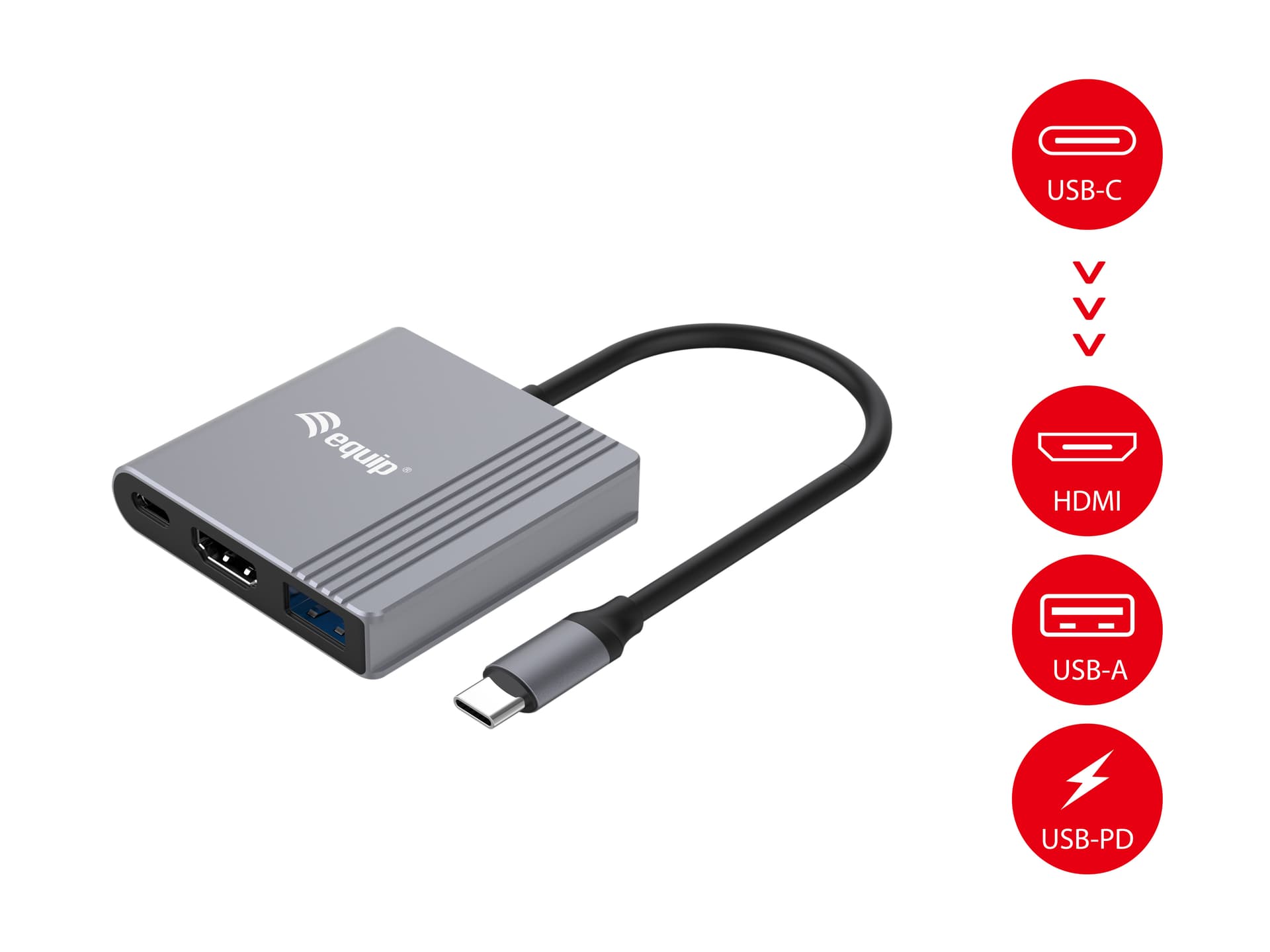 Equip Adaptador 3 em 1 USB-C para HDMI / USB-A / USB PD, 4K/60Hz, 100W USB PD, miniatura 5