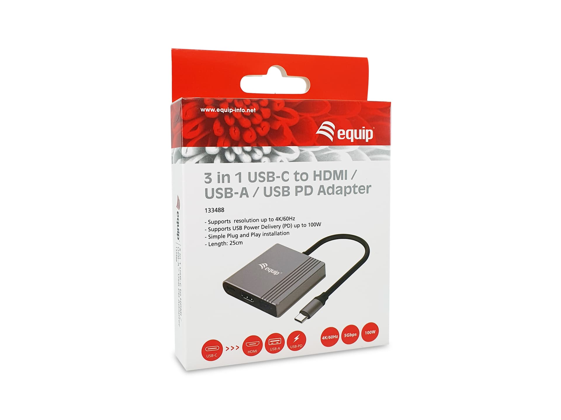 Equip Adaptador 3 em 1 USB-C para HDMI / USB-A / USB PD, 4K/60Hz, 100W USB PD, miniatura 6
