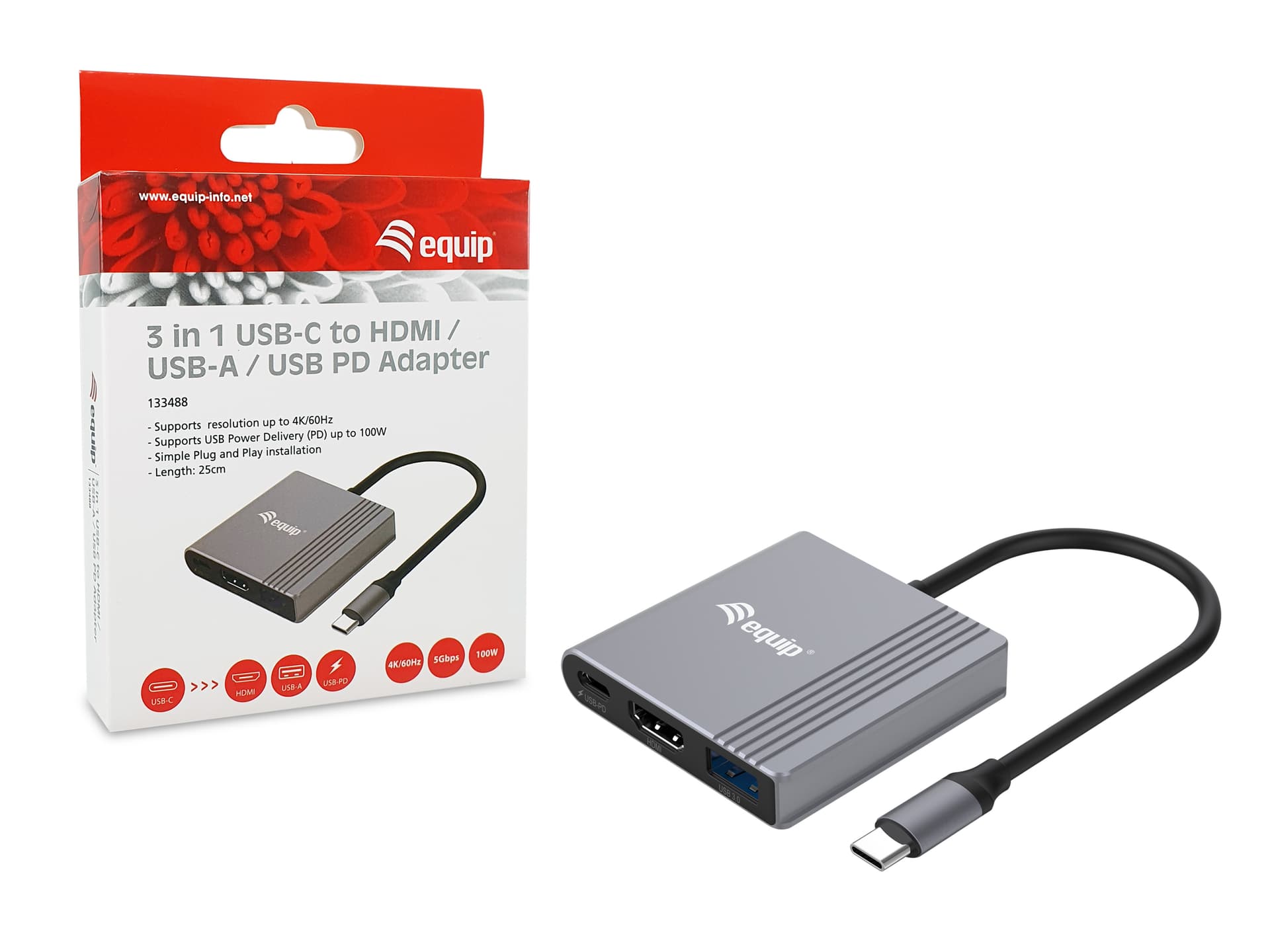Equip Adaptador 3 em 1 USB-C para HDMI / USB-A / USB PD, 4K/60Hz, 100W USB PD, miniatura 7