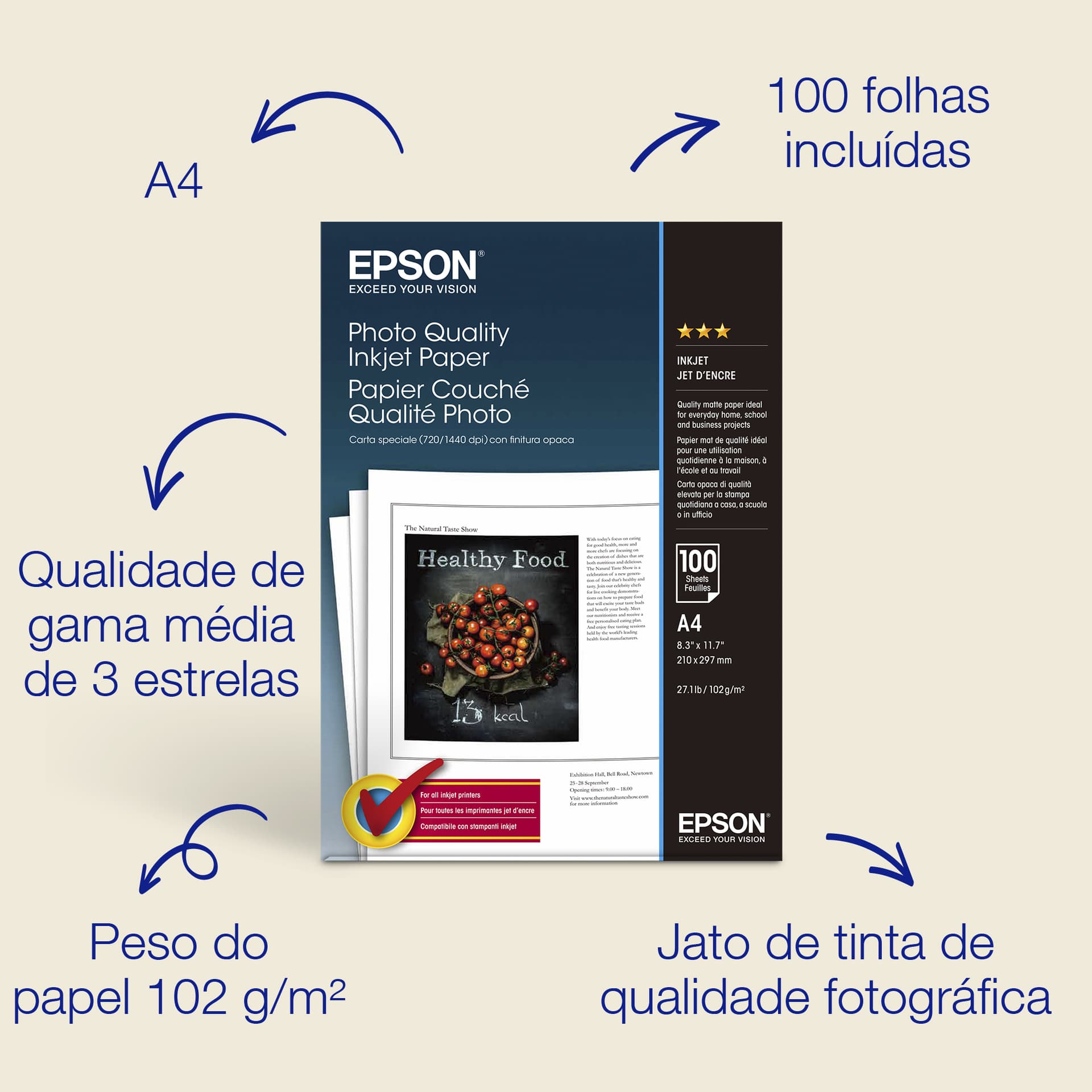 Epson A4 Photo Quality Inkjet Paper 102 g/m2, 100 folhas, miniatura 1