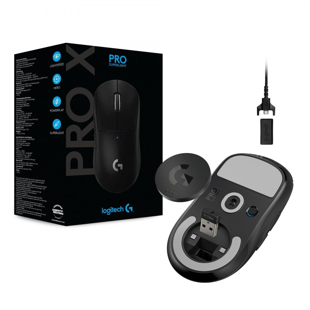 Logitech PRO X SUPERLIGHT Wireless Gaming Mouse - Rato - óptico - 5 botões - sem fios - 2.4 GHz - recetor USB Logitech LIGHTSPEED - preto, miniatura 10