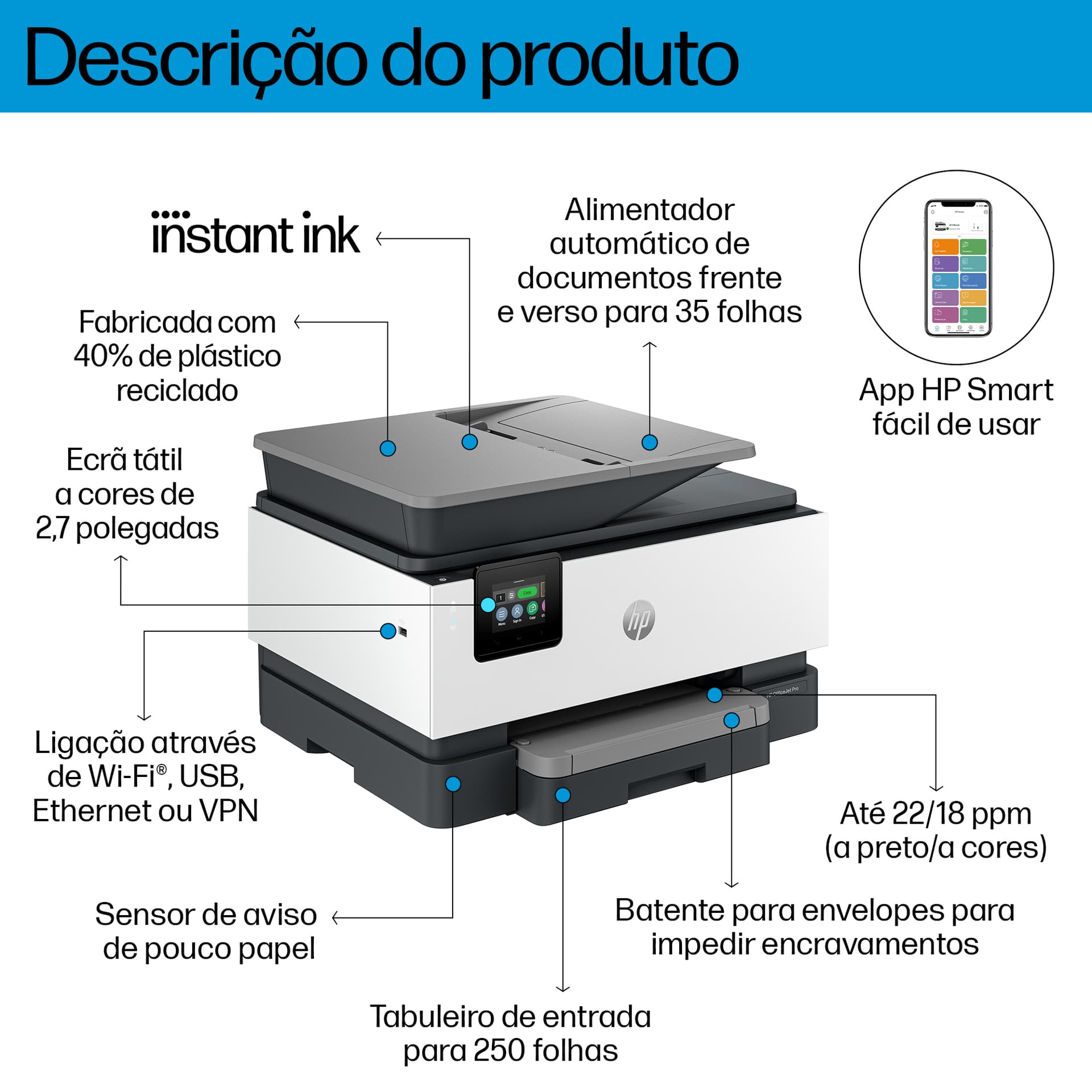 HP OfficeJet Pro 9122e Sem fios All-in-One Cor Impressora, Instant Ink; Impressão frente e verso, miniatura 5