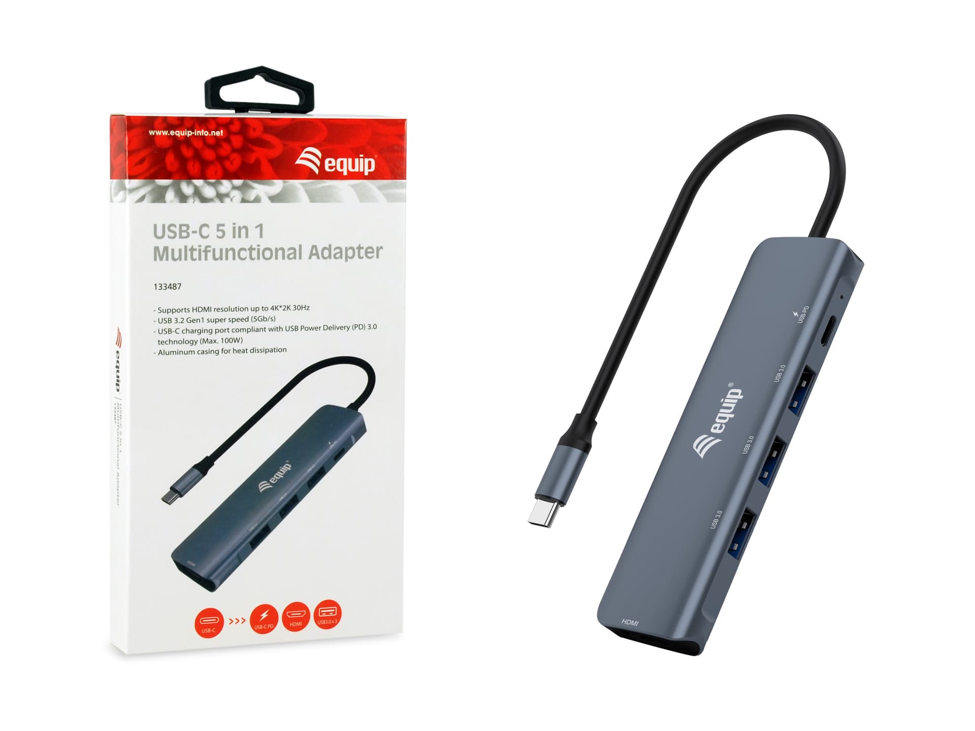 Equip Adaptador multifuncional USB-C 5 em 1, HDMI, USB 3.2 GEN1, 100W USB PD, miniatura 3