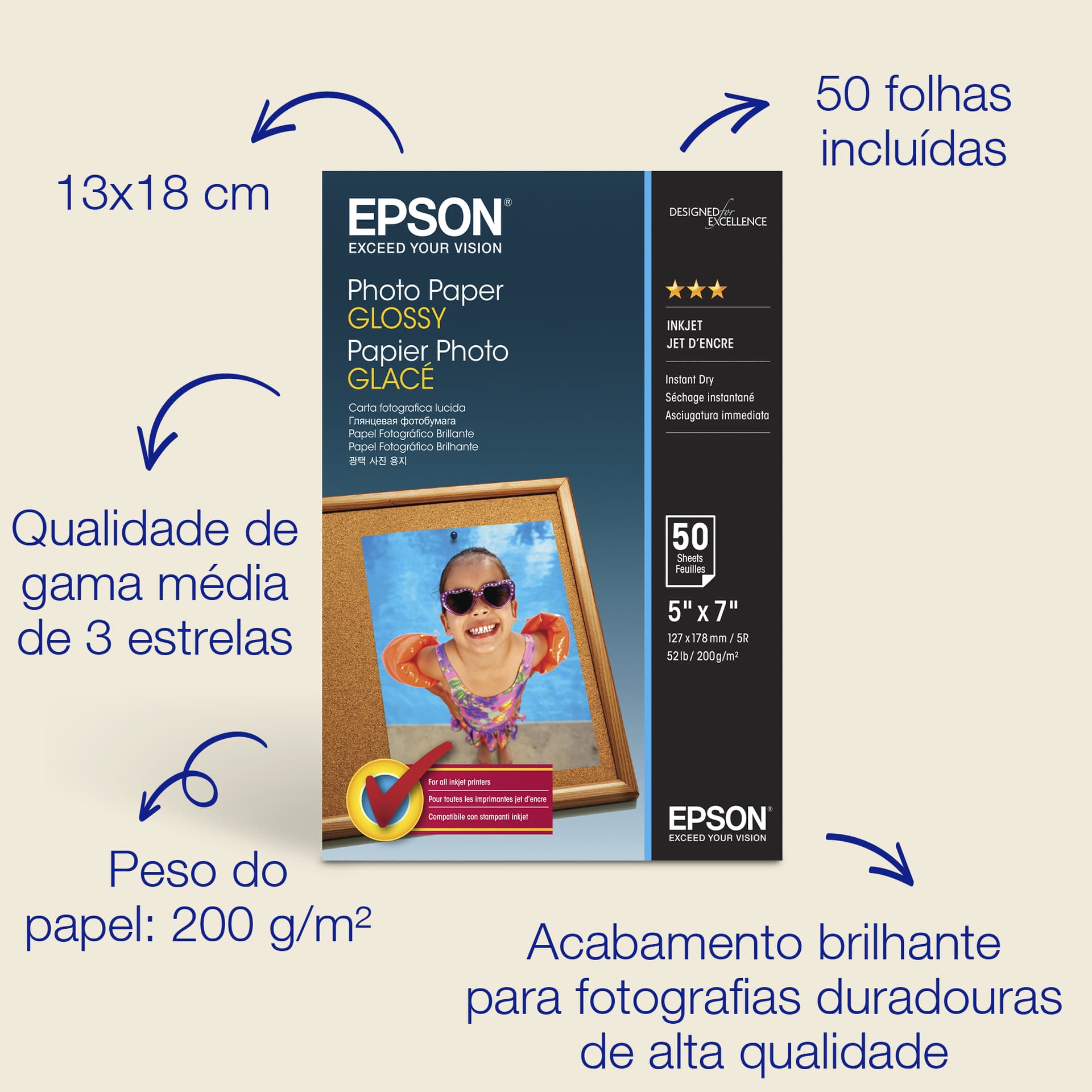 Epson Glossy Photo Paper (130 x 180 mm), 200 g/m2, 50 folhas, miniatura 1