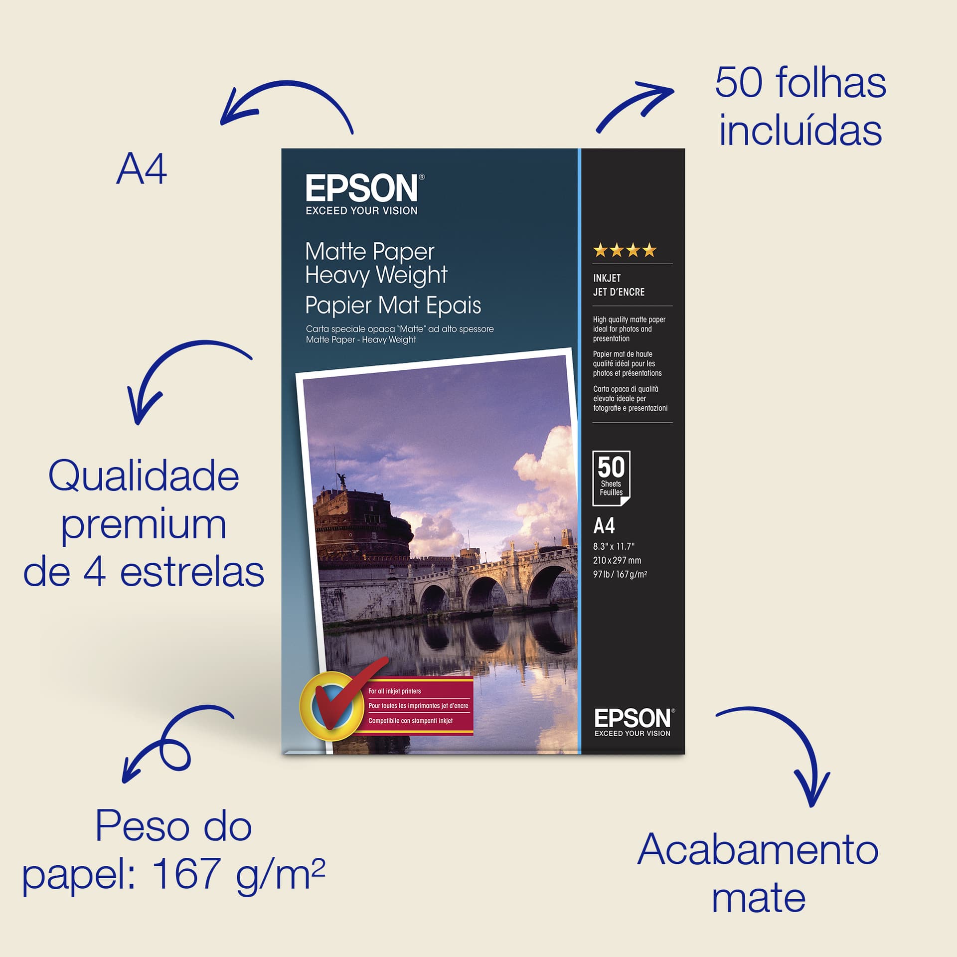Epson A4 Matte Paper 167 g/m2, 50 folhas, miniatura 1