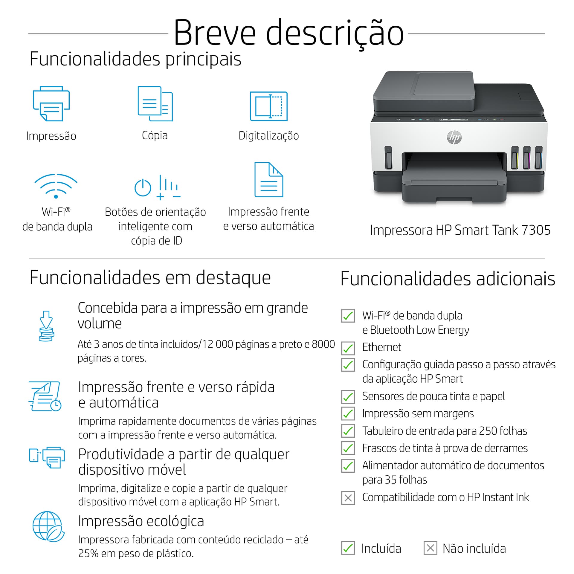 HP Smart Tank 7305 Sem fios All-in-One Cor Impressora, Impressão frente e verso; Copiadora, scanner, miniatura 5