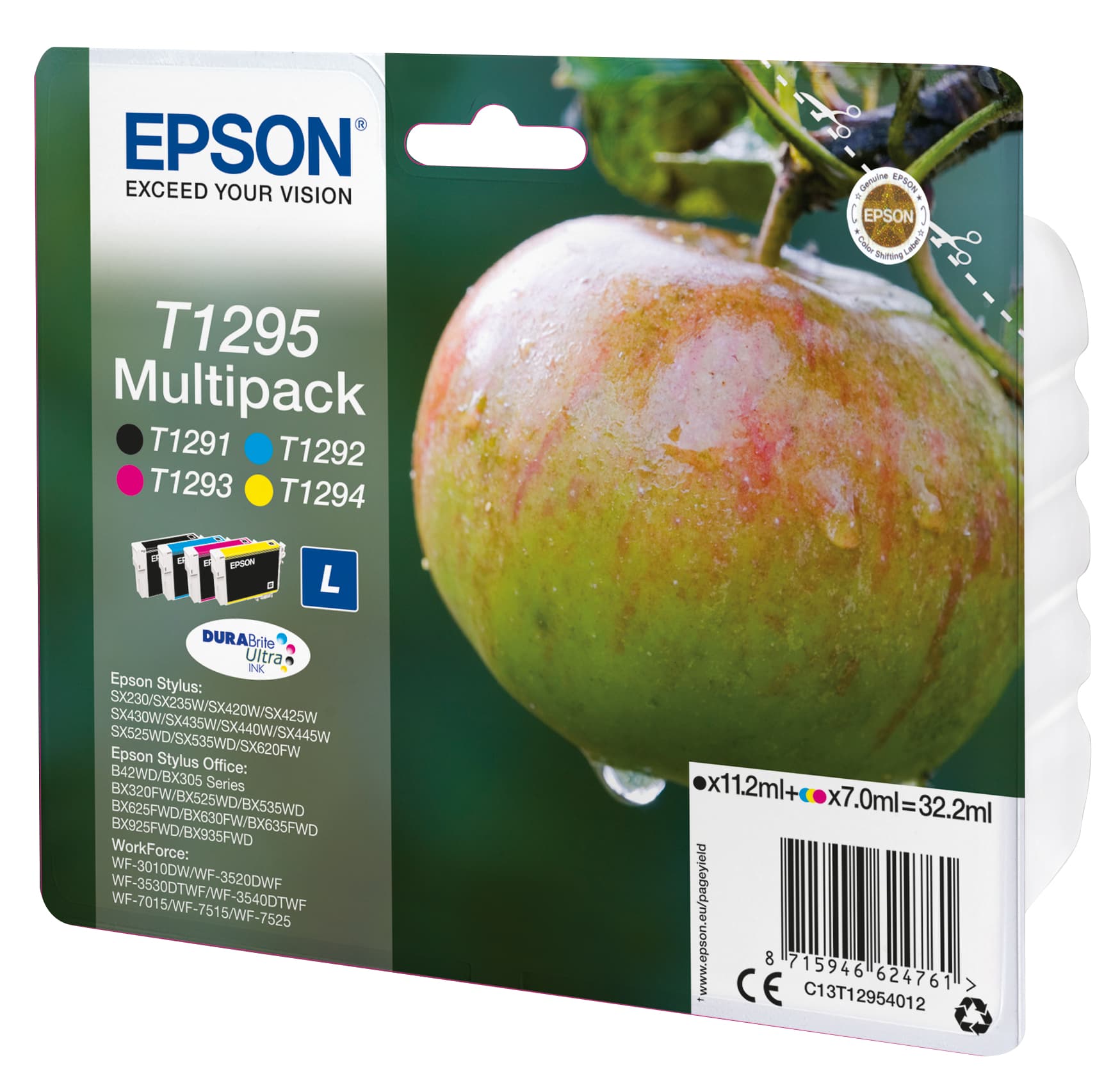 Epson T1295 Multipack - Pack de 4 - 32.2 ml - preto, amarelo, azul cyan, magenta - original - blister com RF/alarme acústico - tinteiro - para Stylus SX230, SX235, SX430, SX438, WorkForce WF-3010, 3520, 3530, 3540, 7015, 7515, 7525