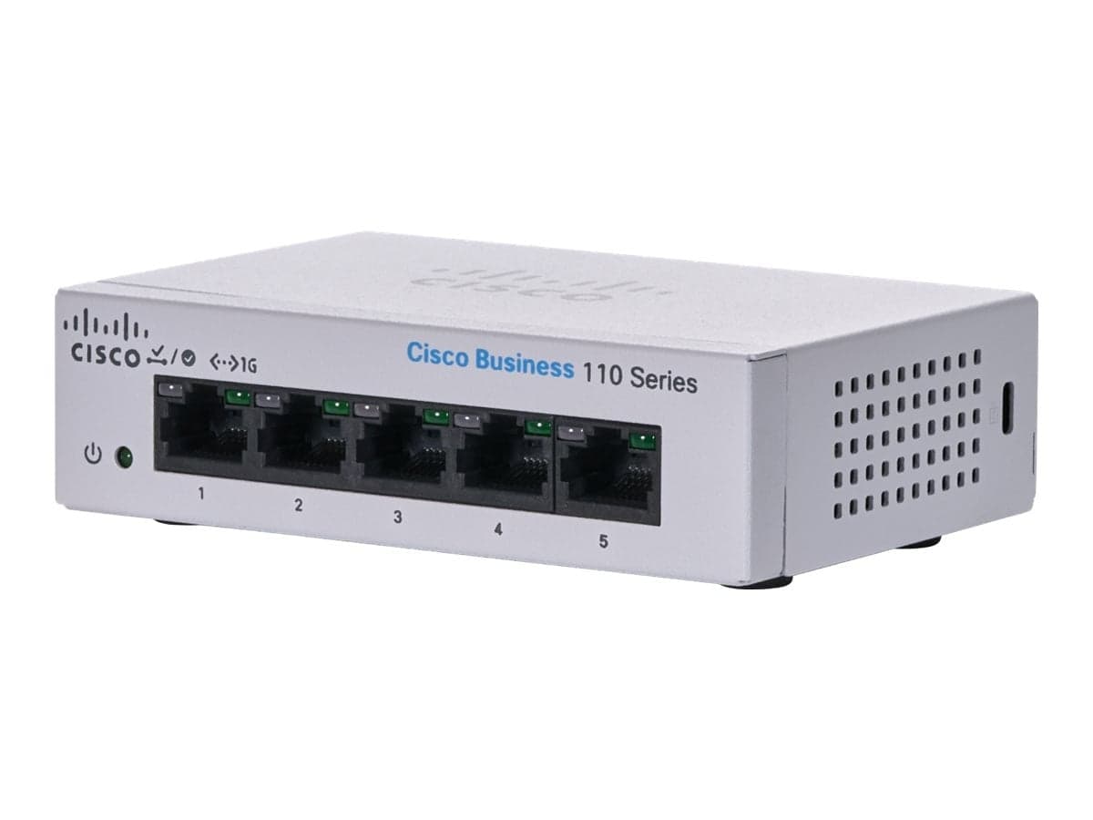 Cisco Business 110 Series 110-5T-D - Interruptor - sem gestão - 5 x 10/100/1000 - montável em trilho, desktop, montável na parede - alimentação DC