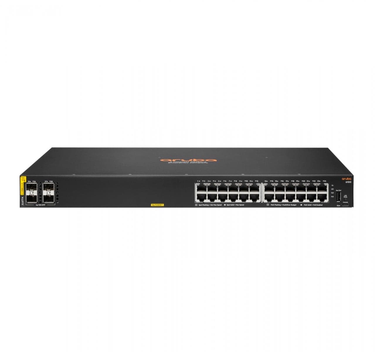 HPE Aruba 6100 24G Class4 PoE 4SFP+ - Interruptor - Administrado - 24 x 10/100/1000 + 4 x 1 Gigabit / 10 Gigabit SFP+ - fluxo de ar lado para lado - montável em trilho - PoE+ (370 W)