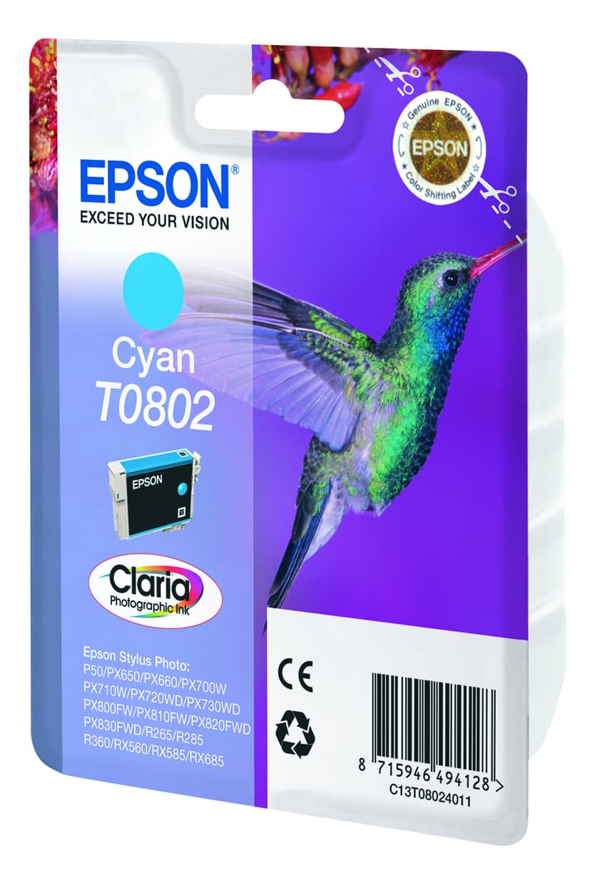 Epson T0802 - 7.4 ml - azul cyan - original - blister - tinteiro - para Stylus Photo P50, PX650, PX660, PX700, PX710, PX720, PX730, PX800, PX810, PX820, PX830