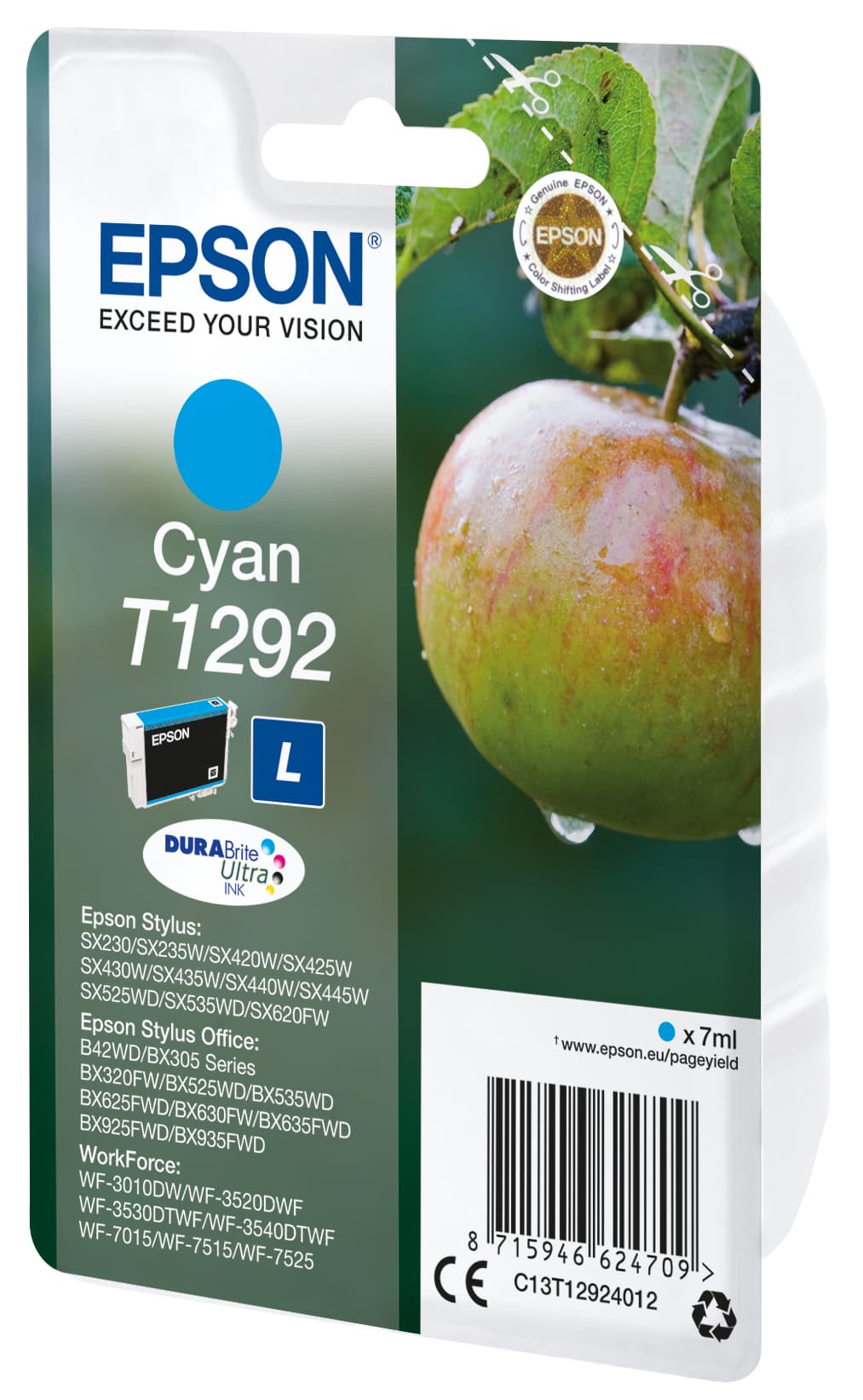Epson T1292 - 7 ml - tamanho L - azul cyan - original - blister - tinteiro - para Stylus SX230, SX235, SX430, SX438, WorkForce WF-3010, 3520, 3530, 3540, 7015, 7515, 7525
