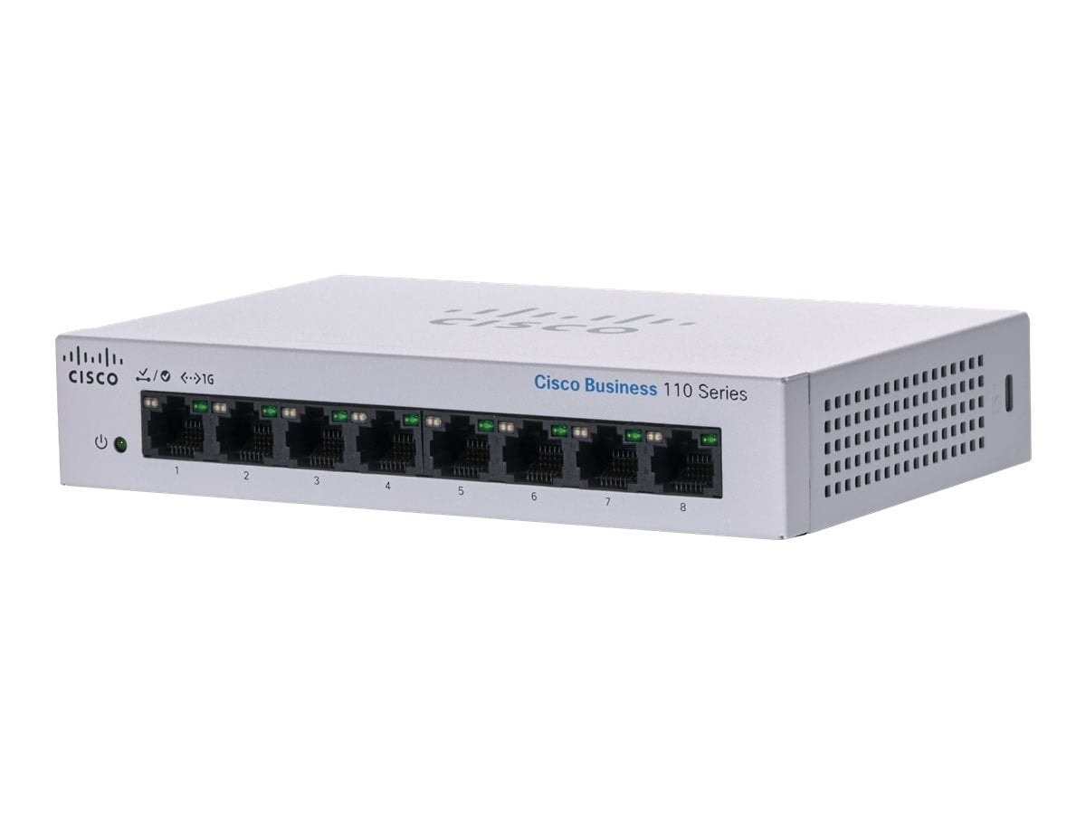 Cisco Business 110 Series 110-8T-D - Interruptor - sem gestão - 8 x 10/100/1000 - montável em trilho, desktop, montável na parede - alimentação DC, imagem 1