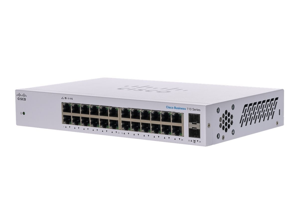 Cisco Business 110 Series 110-24T - Interruptor - sem gestão - 24 x 10/100/1000 + 2 x combo Gigabit SFP - montável em trilho, desktop, montável na parede, imagem 1
