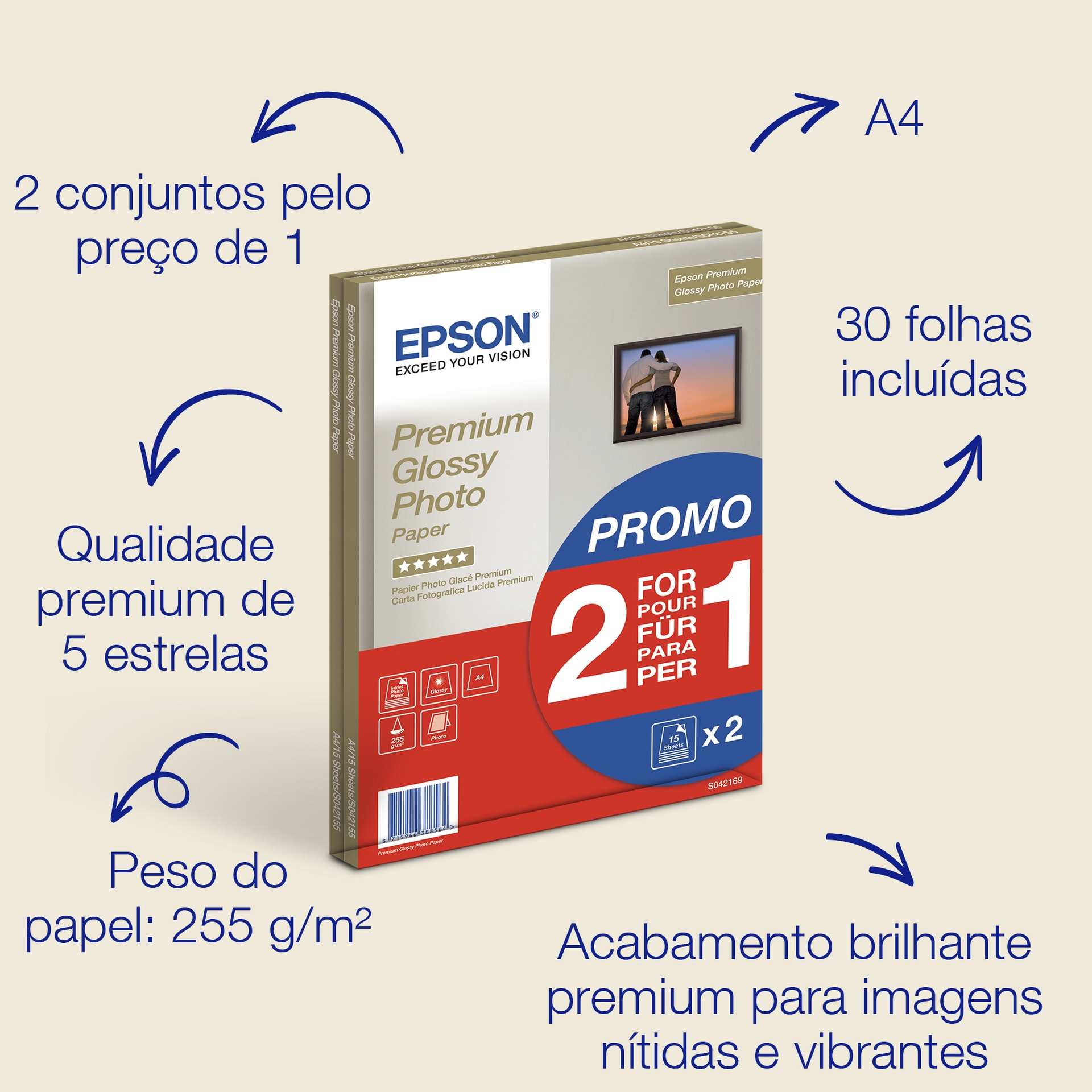 Epson A4 Premium Glossy Photo Paper 255 g/m², 30 folhas, imagem 1