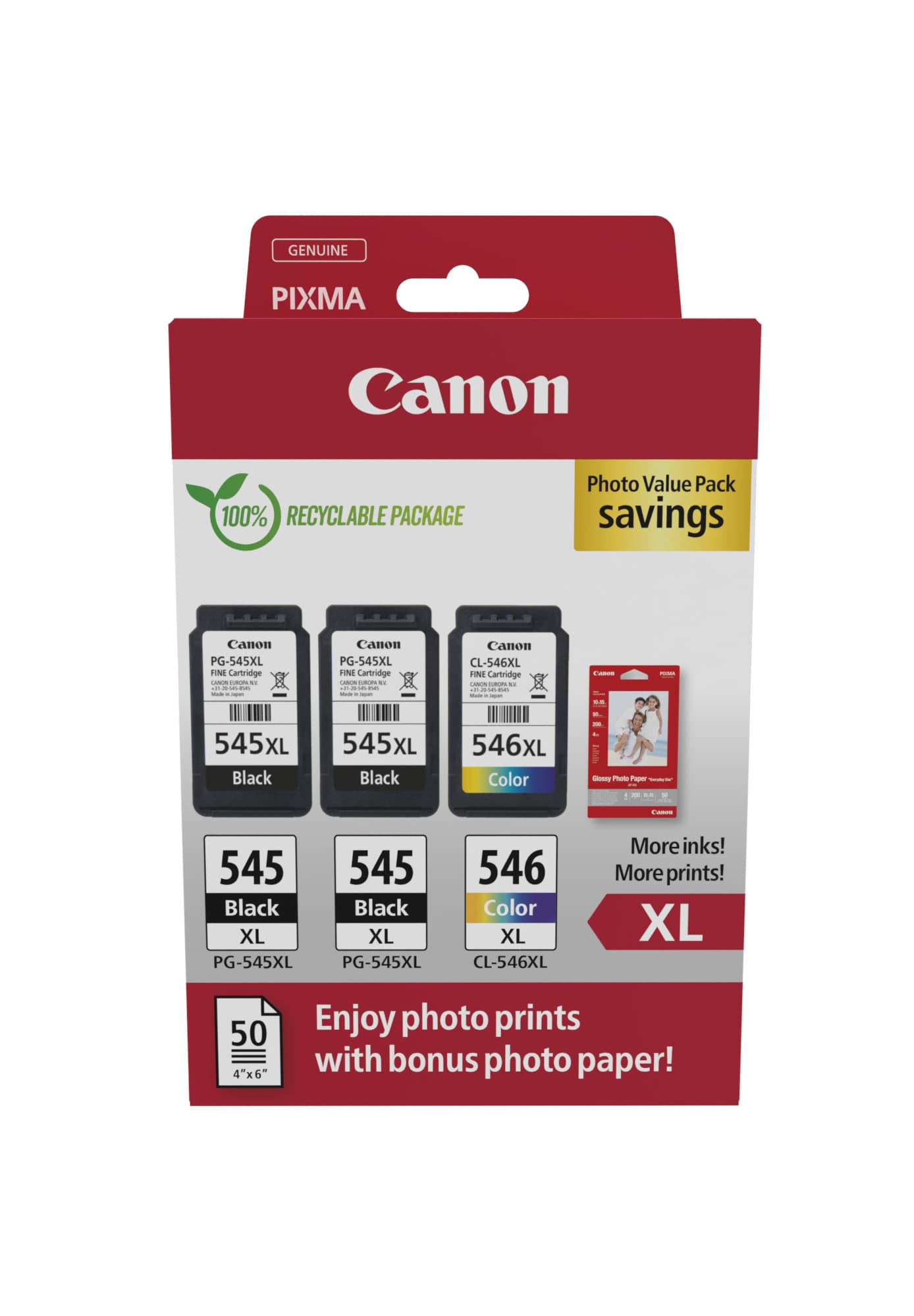 Canon PG-545 XL/CL-546XL Photo Value Pack - Pack de 3 - preto, cor (ciano, magenta, amarelo) - original - kit de tinteiro / papel - para P/N: 0727C068, 727C076