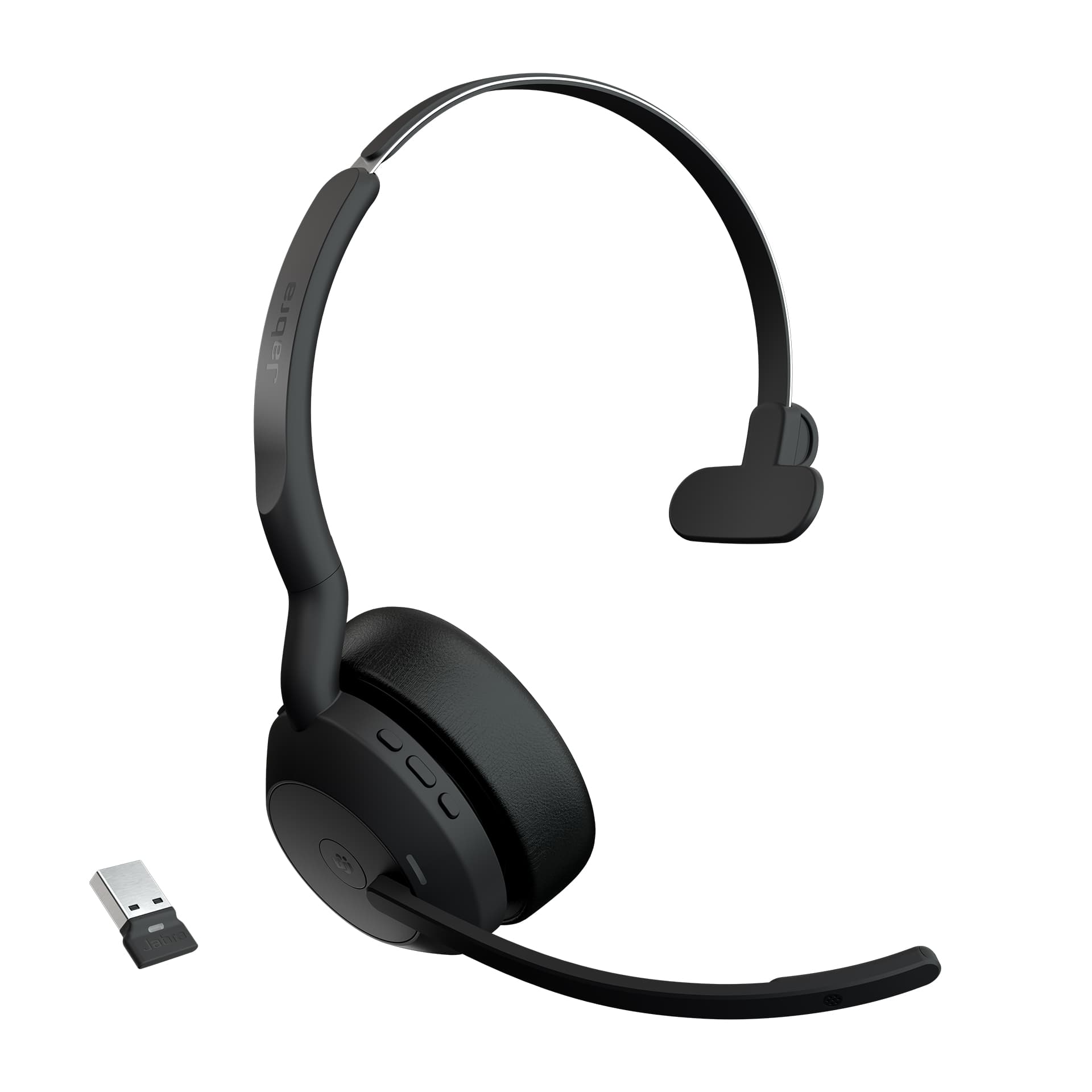 Jabra Evolve2 55 MS Mono - Auscultadores - no ouvido - bluetooth - sem fios - cancelamento de ruído activo - USB-A via adaptador Bluetooth - preto - Certificação Zoom, Cisco Webex Certified, Certificado para Tencent Meeting, Certificação Alcatel-Luce