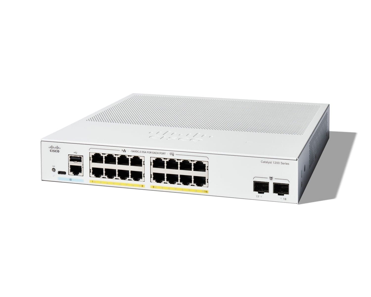 Cisco Catalyst 1200-16P-2G - Interruptor - L3 - inteligente - 16 x 10/100/1000 (PoE+) + 2 x Gigabit Ethernet SFP - montável em trilho - PoE+ (120 W)