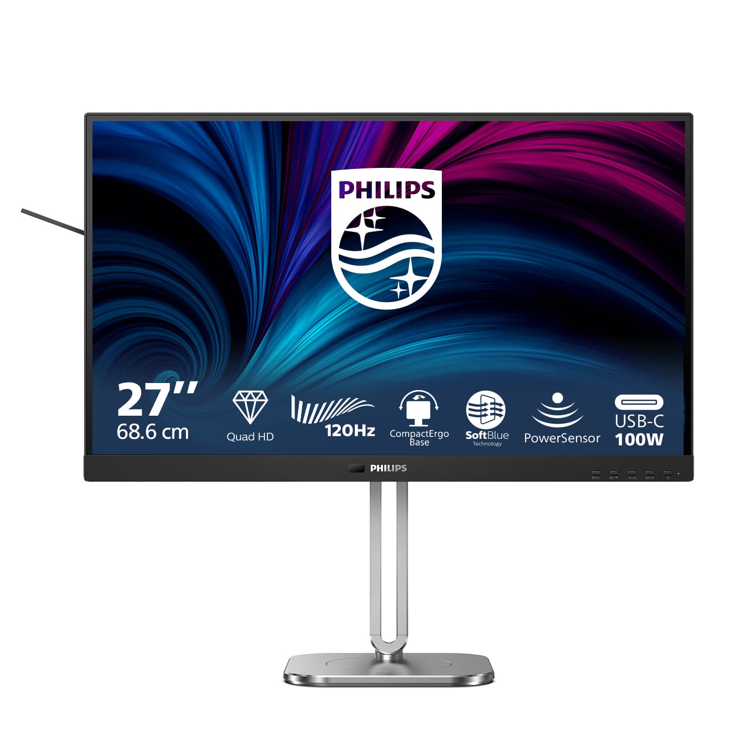 Philips 27B2U4601 - 4000 Series - monitor LED - 27" - 2560 x 1440 QHD @ 120 Hz - IPS - 1500:1 - HDMI, 2xDisplayPort, USB-C - altifalantes - carvão vegetal