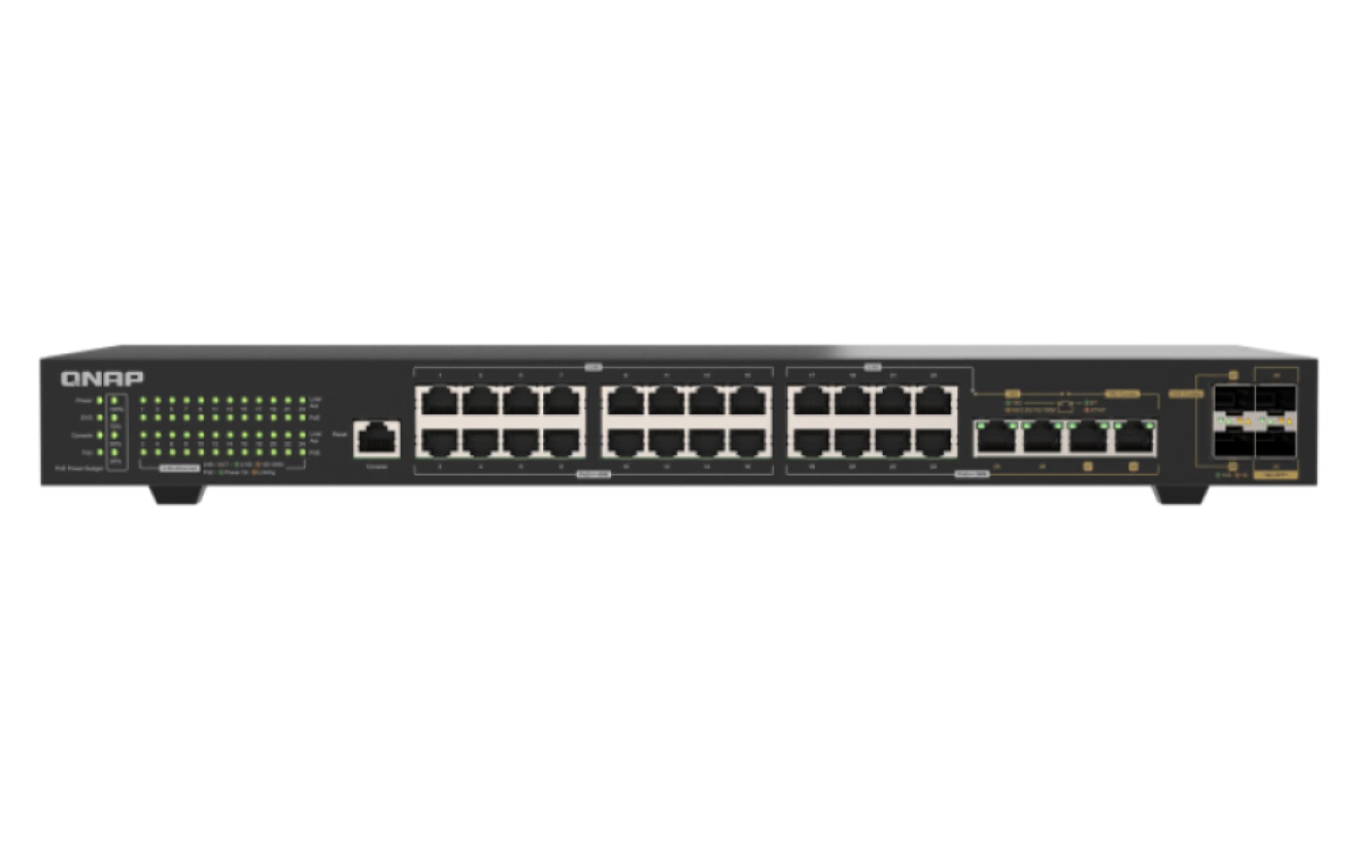 QNAP QSW-M2130P-2C2S26T - Interruptor - Administrado - 2 x 10 Gigabit SFP+ + 2 x combo 10 Gigabit SFP+/RJ-45 + 2 x 10Gb Ethernet + 24 x 2.5GBase-T - montável em trilho - PoE++ (375 W)