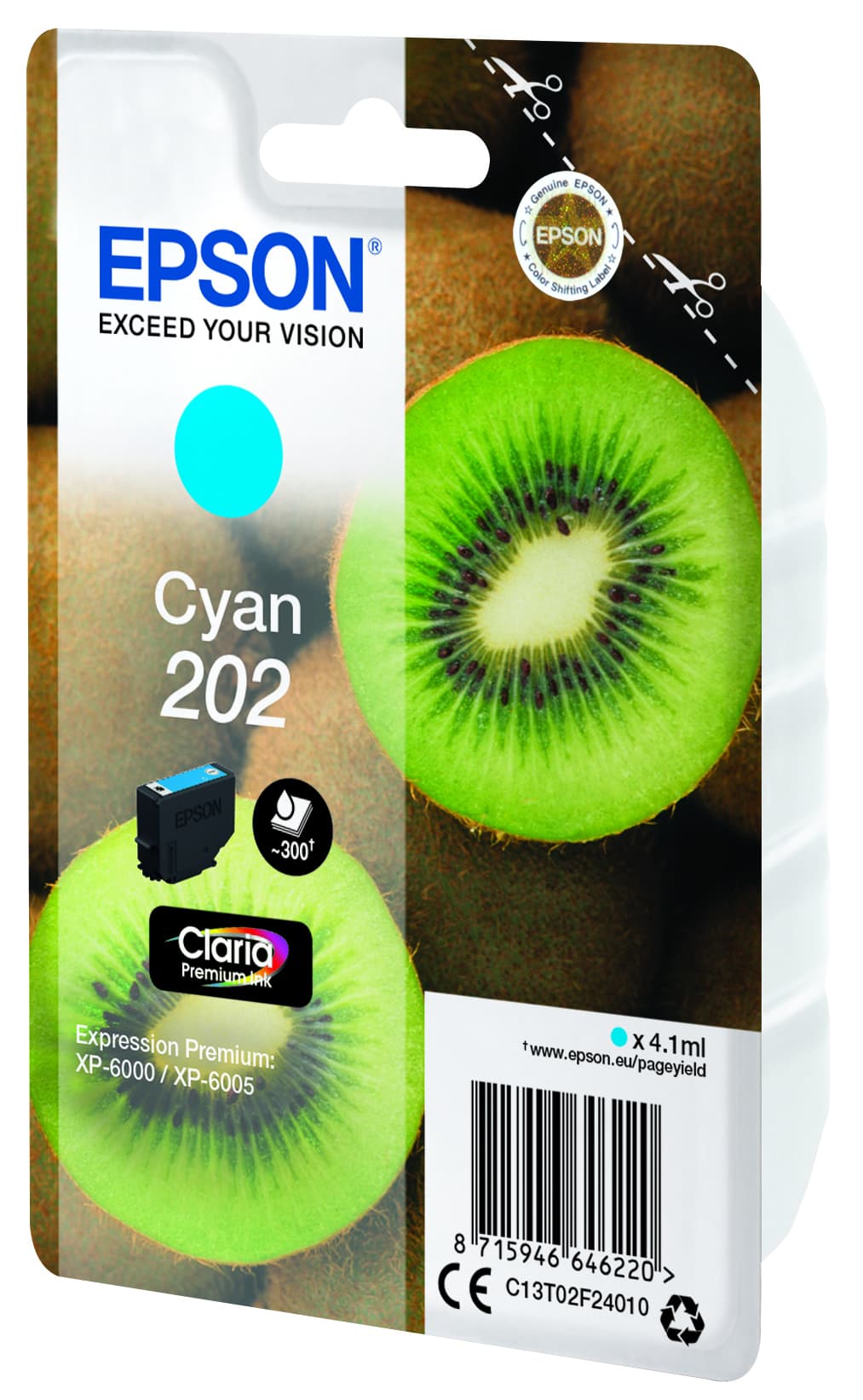 Epson 202 - 4.1 ml - azul cyan - original - blister - tinteiro - para Expression Home XP-202, Expression Premium XP-6000, XP-6005, XP-6100, XP-6105