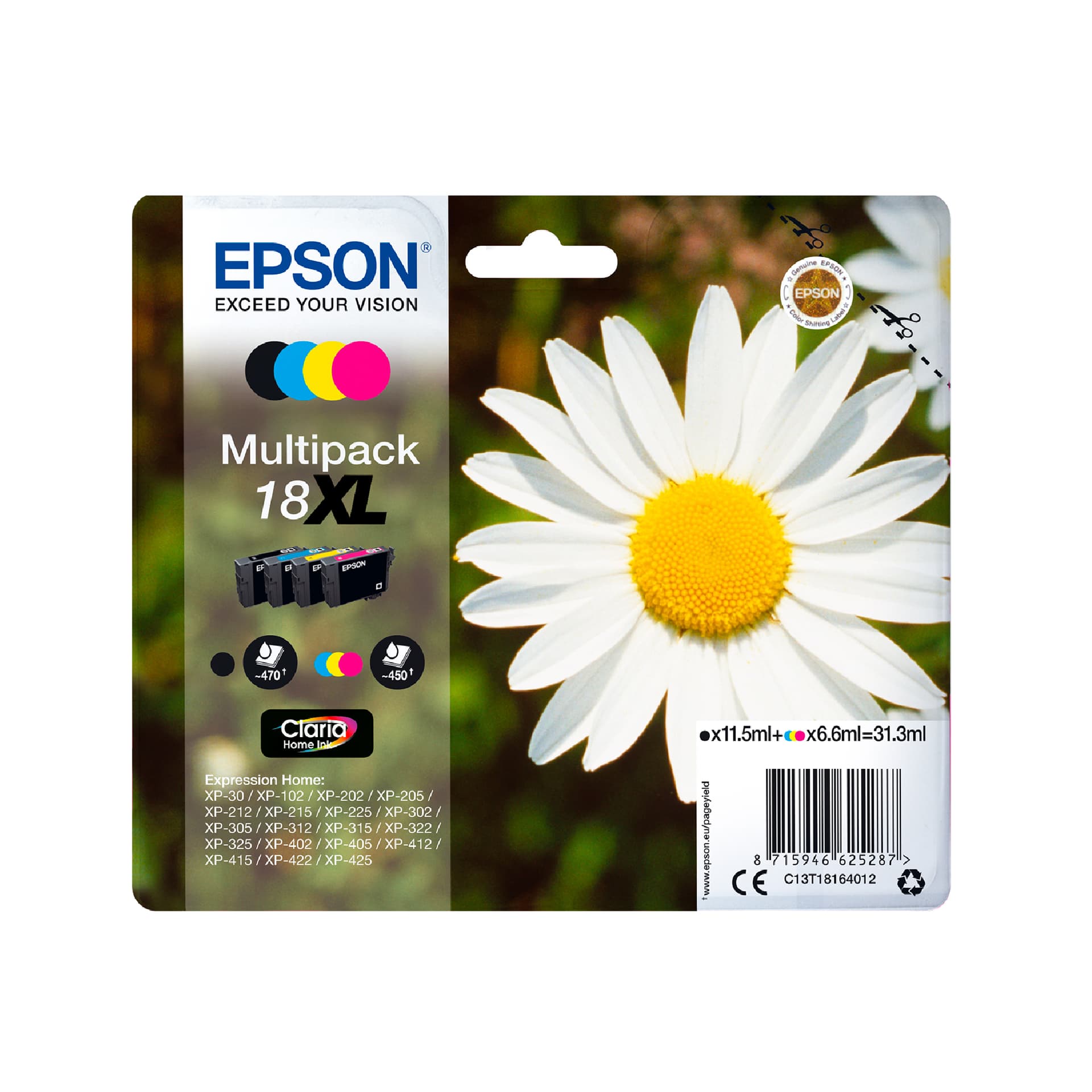 Epson 18 Multipack - Pack de 4 - 15.1 ml - preto, amarelo, azul cyan, magenta - original - blister com RF/alarme acústico - tinteiro - para Expression Home XP-212, 215, 225, 312, 315, 322, 325, 412, 415, 422, 425