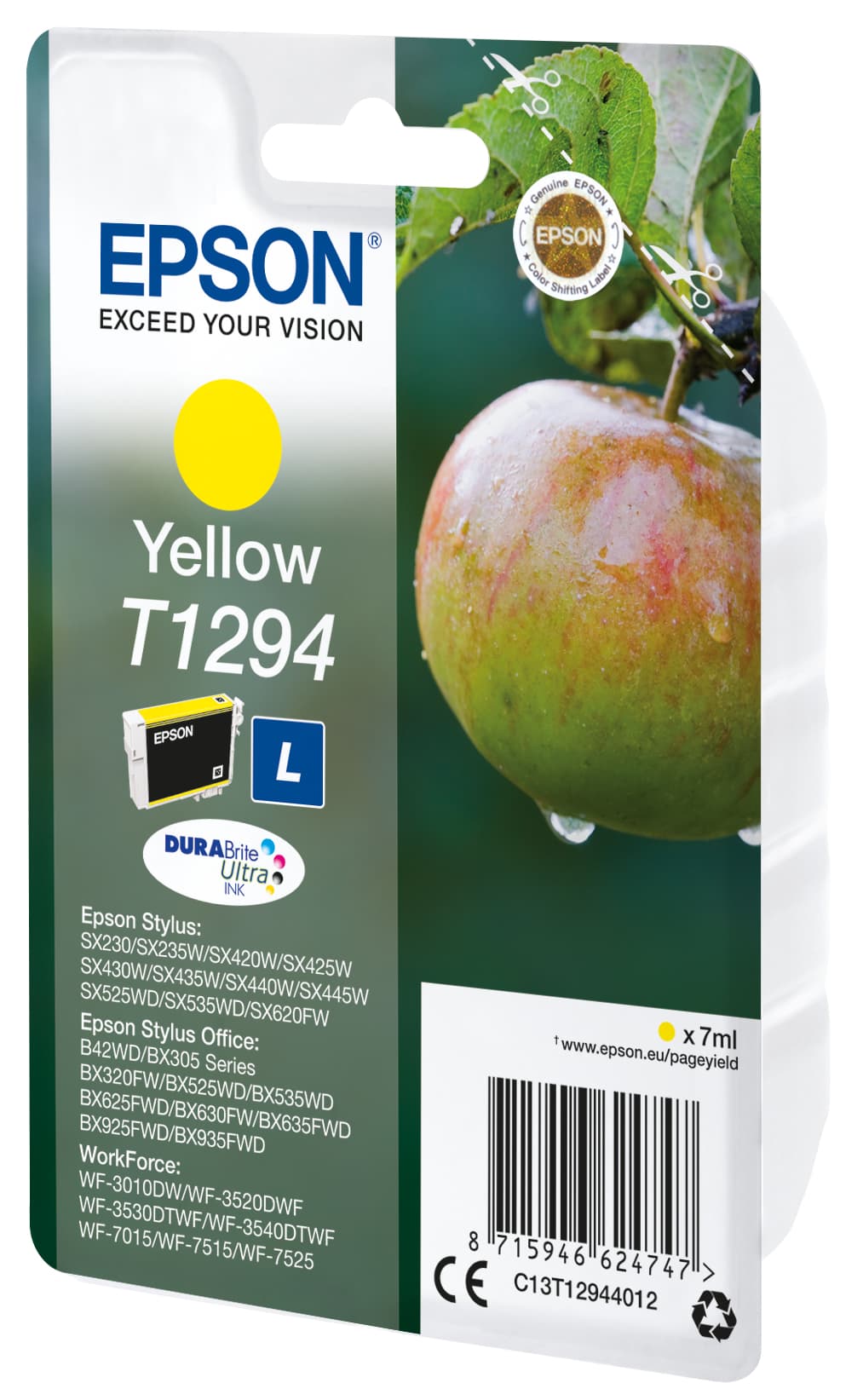 Epson T1294 - 7 ml - tamanho L - amarelo - original - blister - tinteiro - para Stylus SX230, SX235, SX430, SX438, WorkForce WF-3010, 3520, 3530, 3540, 7015, 7515, 7525