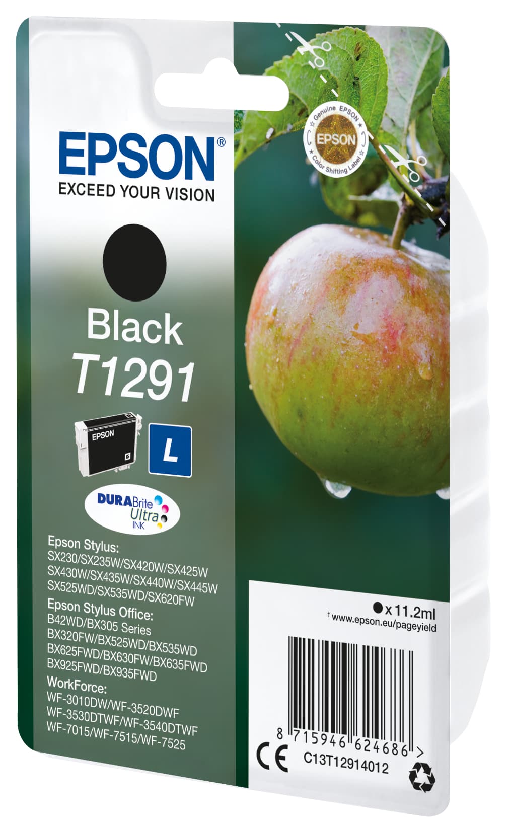 Epson T1291 - 11.2 ml - tamanho L - preto - original - blister - tinteiro - para Stylus SX230, SX235, SX430, SX438, WorkForce WF-3010, 3520, 3530, 3540, 7015, 7515, 7525
