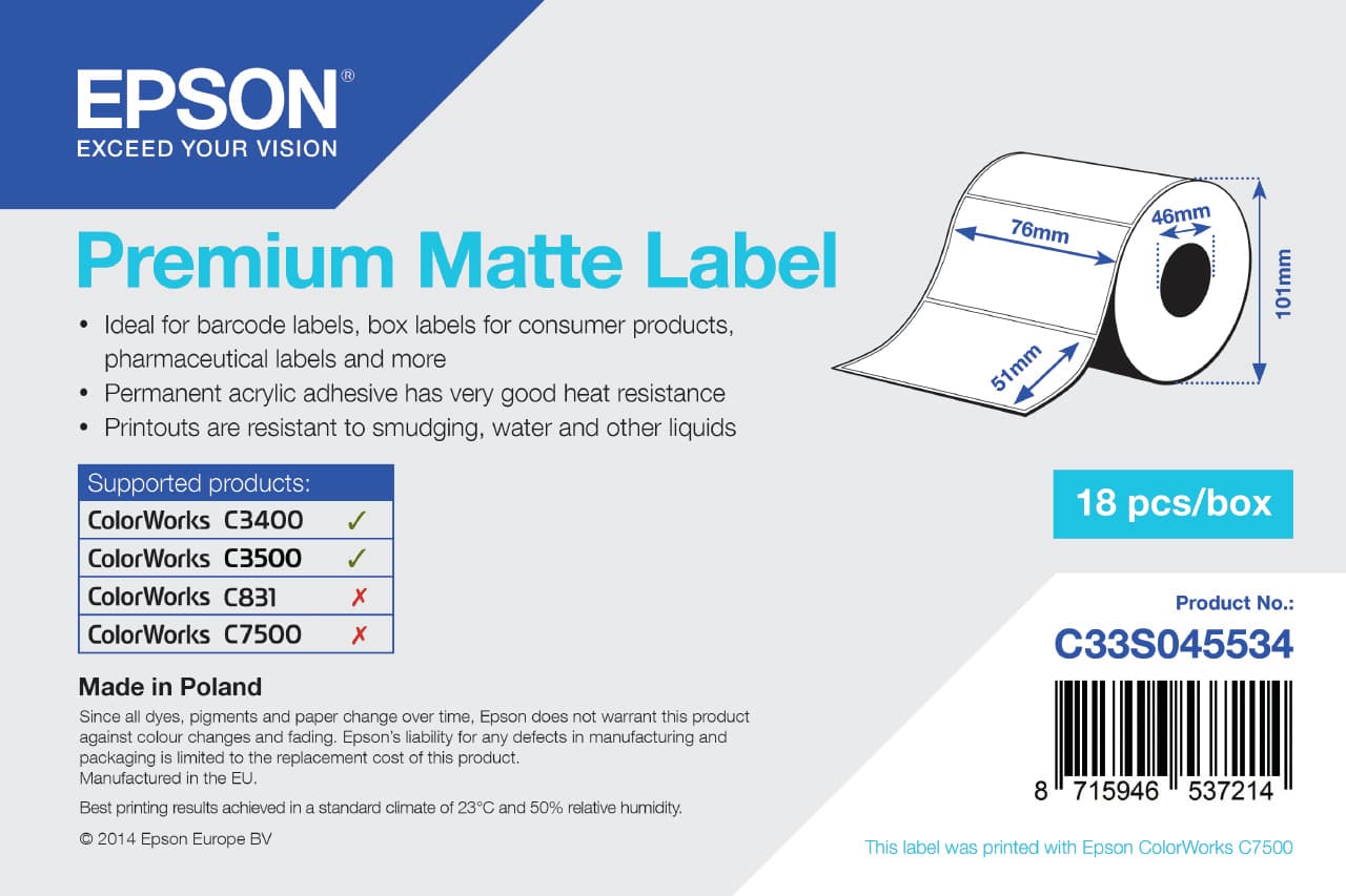 EPSON PAPEL PREMIUM MATTE LABEL 76MMX51MM 650 FOLHAS