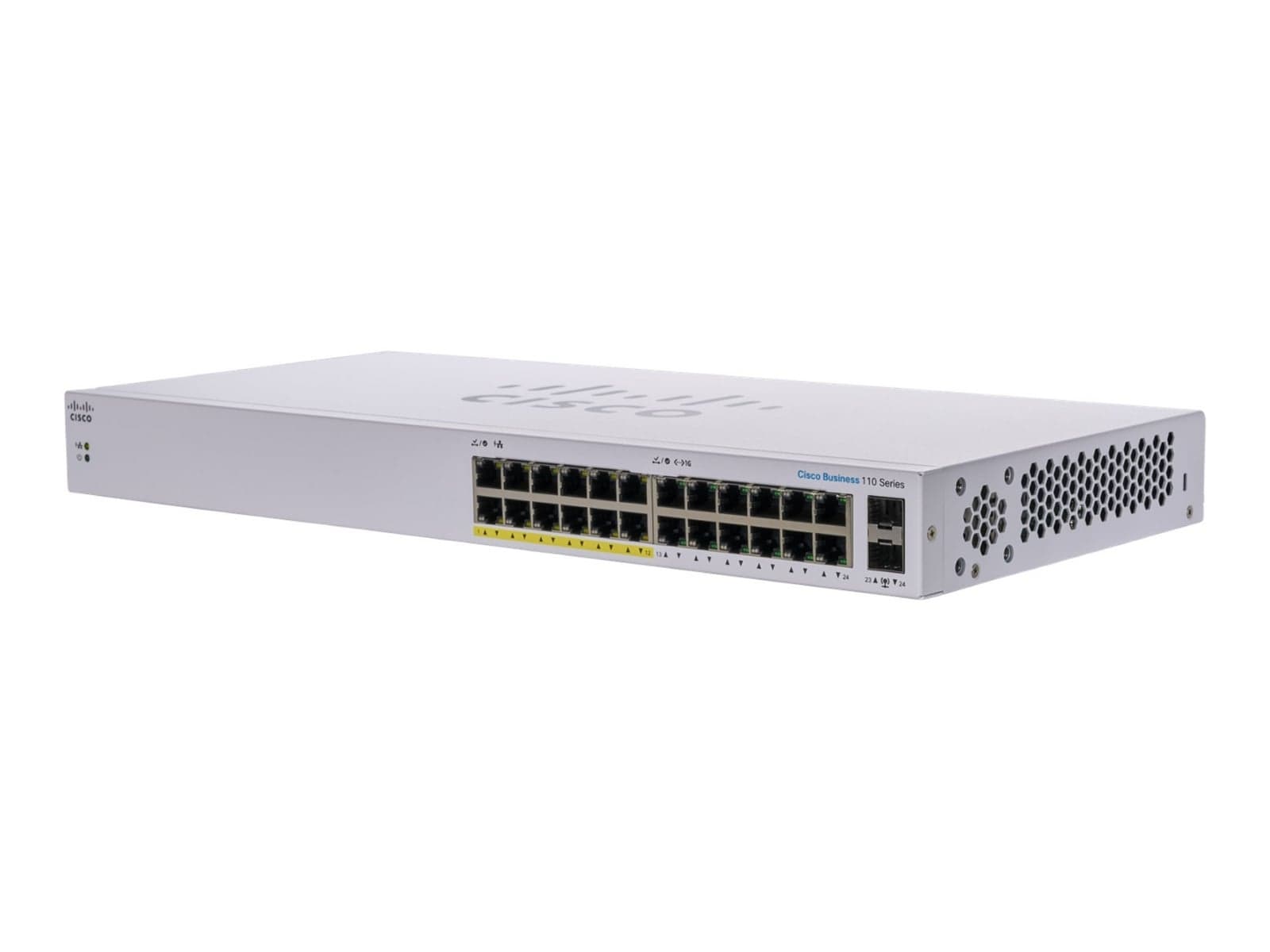 Cisco Business 110 Series 110-24PP - Interruptor - sem gestão - 12 x 10/100/1000 (PoE) + 12 x 10/100/1000 + 2 x combo Gigabit SFP - montável em trilho, desktop, montável na parede - PoE (100 W)