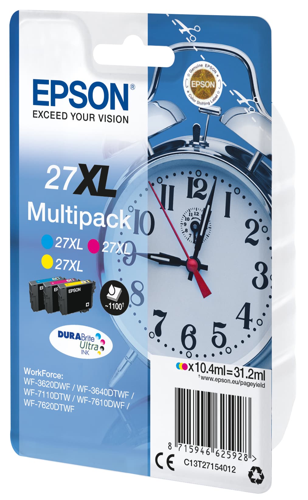 Epson 27XL Multipack - Pack de 3 - 31.2 ml - XL - amarelo, azul cyan, magenta - original - blister com alarme RF - tinteiro - para WorkForce WF-3620, WF-3640, WF-7110, WF-7210, WF-7610, WF-7620, WF-7710, WF-7715, WF-7720