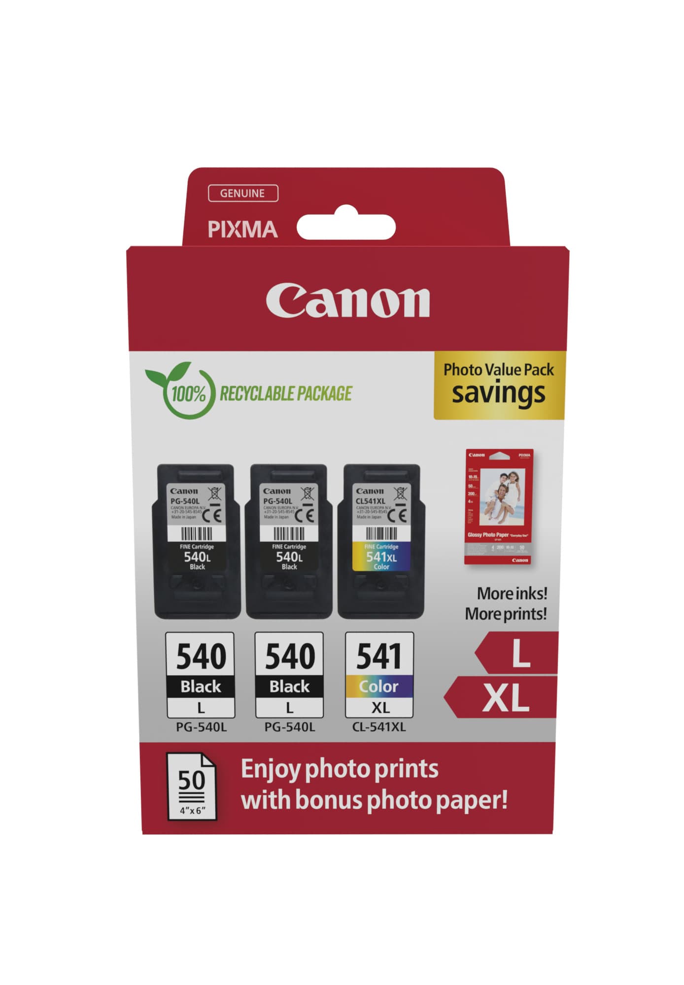 Canon PG-540L x2/CL-541XL Photo Paper Value Pack - Pack de 2 - preto, cor (ciano, magenta, amarelo) - original - caixa pendurada - kit de tinteiro / papel - para PIXMA MG3250, MG3550, MG3650, MG4250, MX395, MX455, MX475, MX525, MX535, TS5150, TS5151