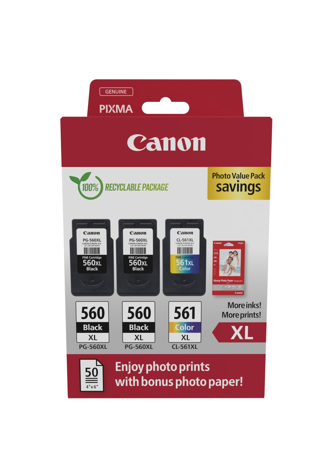 Canon PG-560XL x2/CL-561XL Photo Value Pack - Brilhante - pack de 3 - Alto Rendimento - preto, cor (ciano, magenta, amarelo) - original - caixa pendurada - kit de tinteiro / papel - para PIXMA TS5350, TS5351, TS5352, TS5353, TS7450